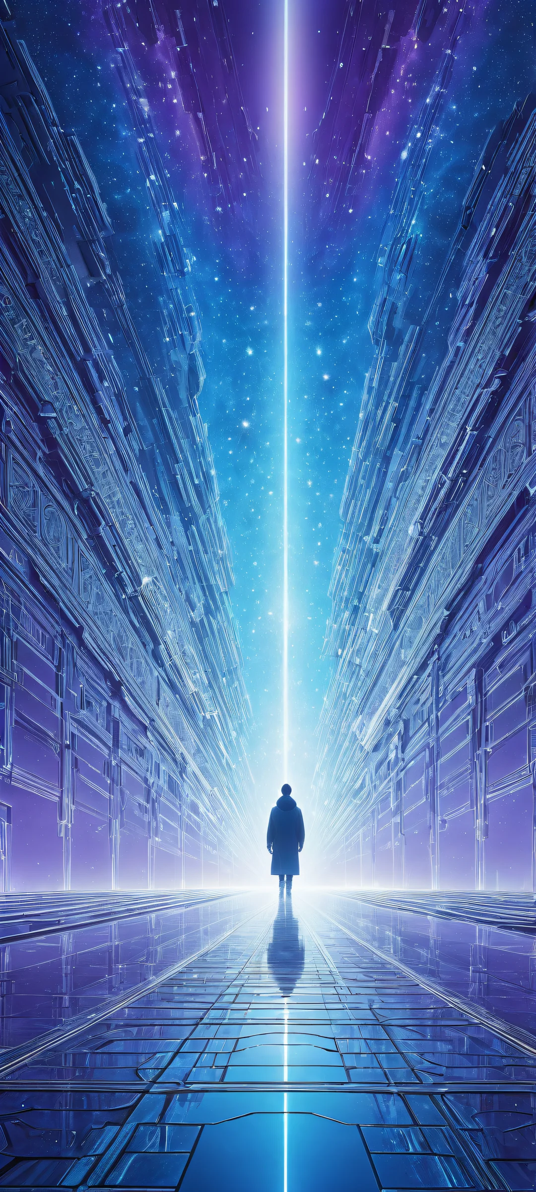 iPhone and Android users will marvel at the intricate details of this ancient spacecraft, set against a breathtaking cosmic backdrop, with glowing blue circuitry and subtle gradients of blue and purple.