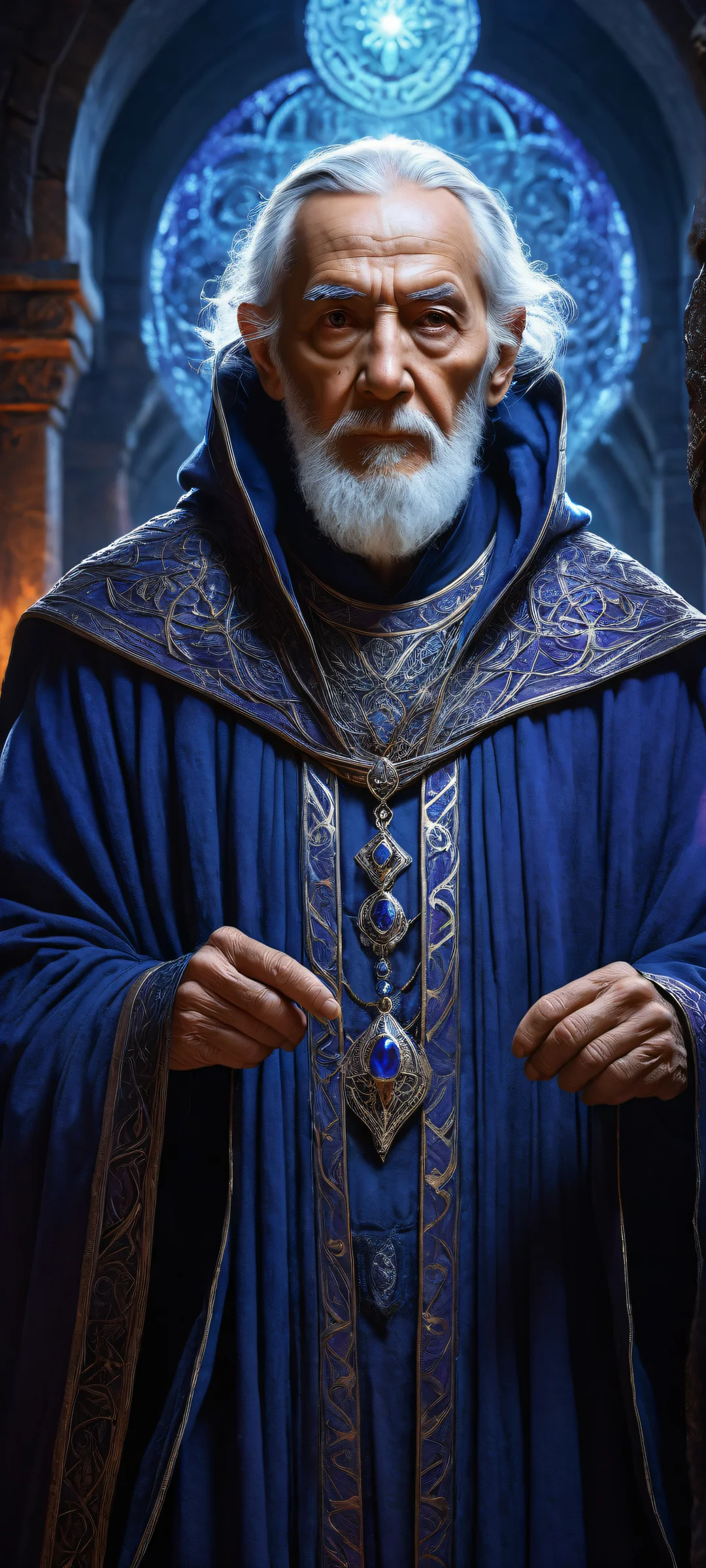 Portrait of an elderly mage in a dimly lit dungeon, iPhone/Android-kompatibel.