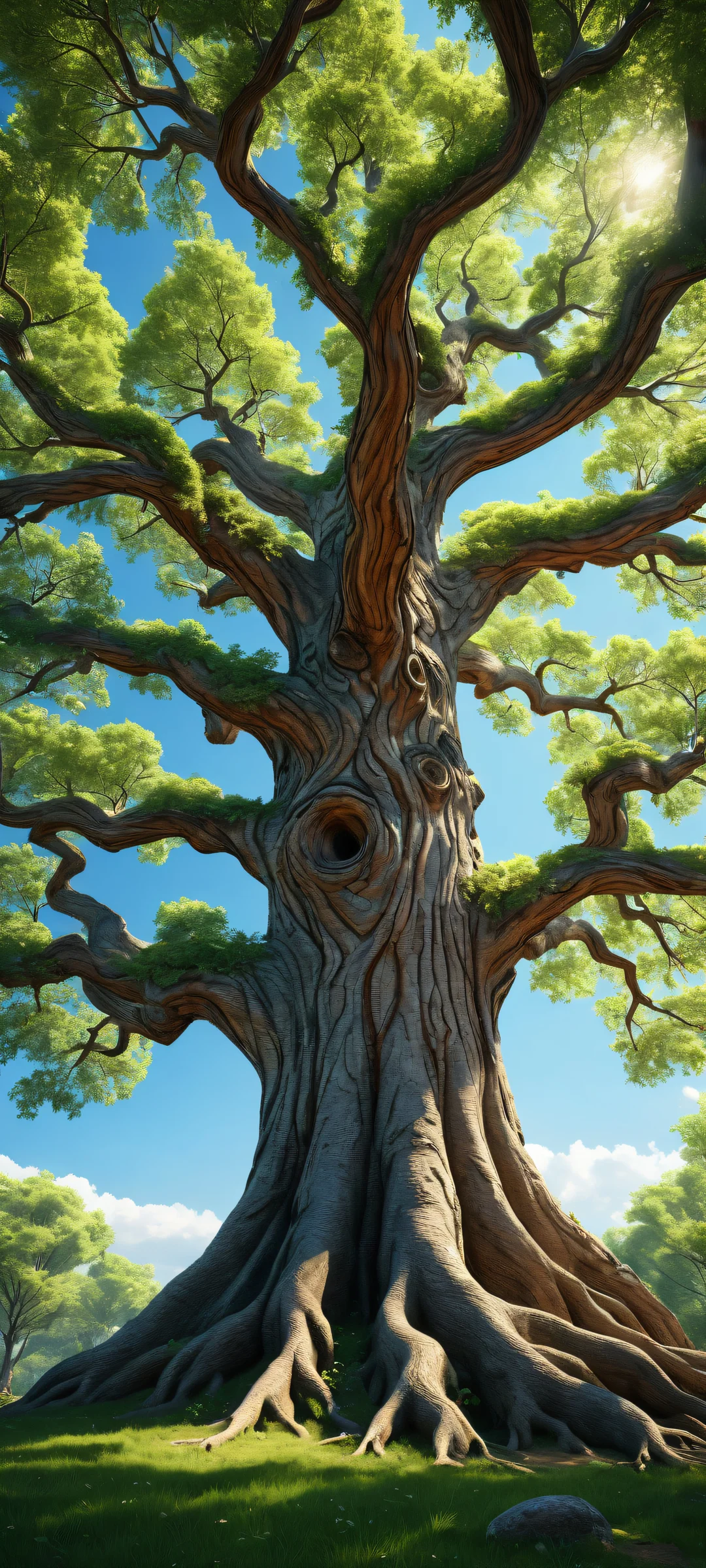 Majestic ancient tree on a serene blue sky with wispy clouds, perfect for iPhone and Android home screens.
