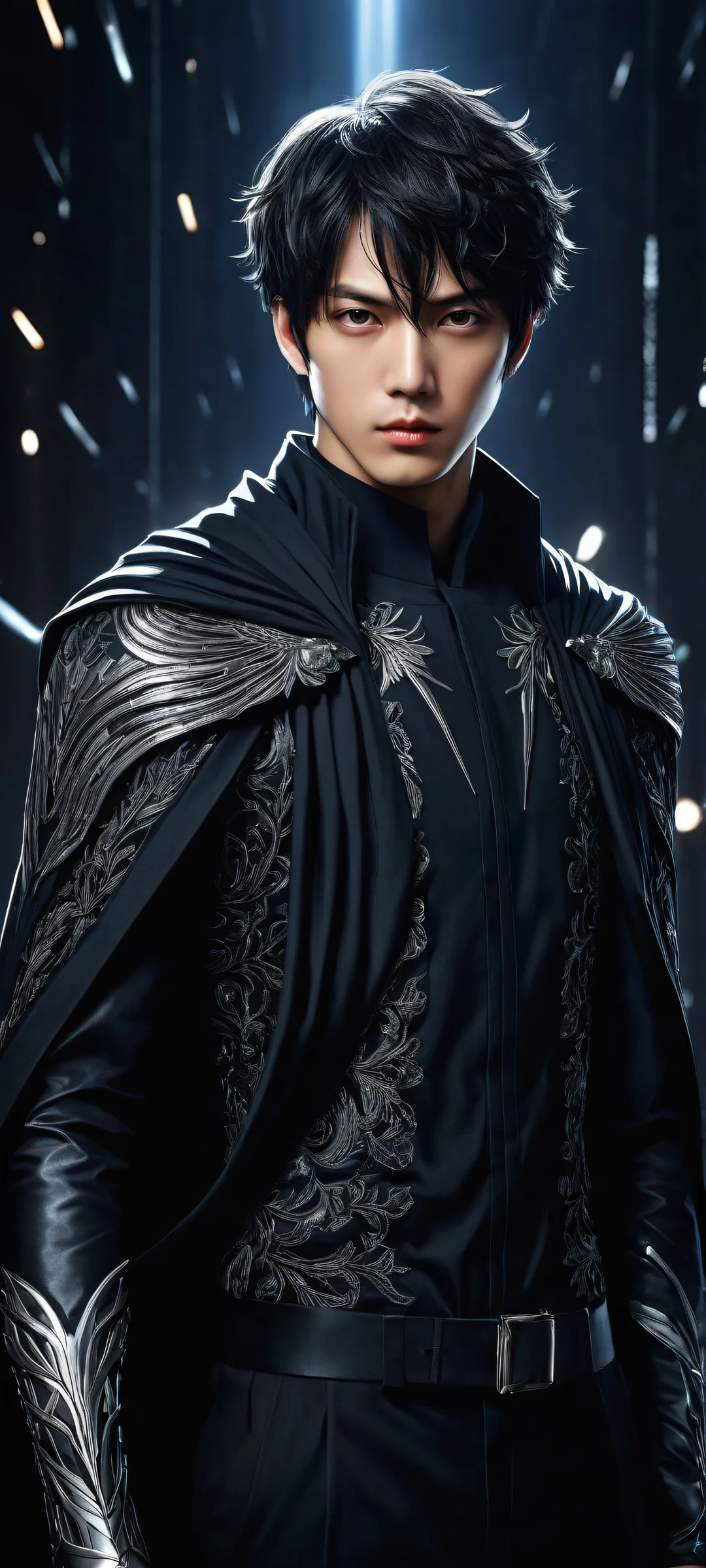 Breathtaking digital art of anime boys against a vast dark space with perfect blacks and luminescent accents, perfectly optimized for iPhone and Android home screens.