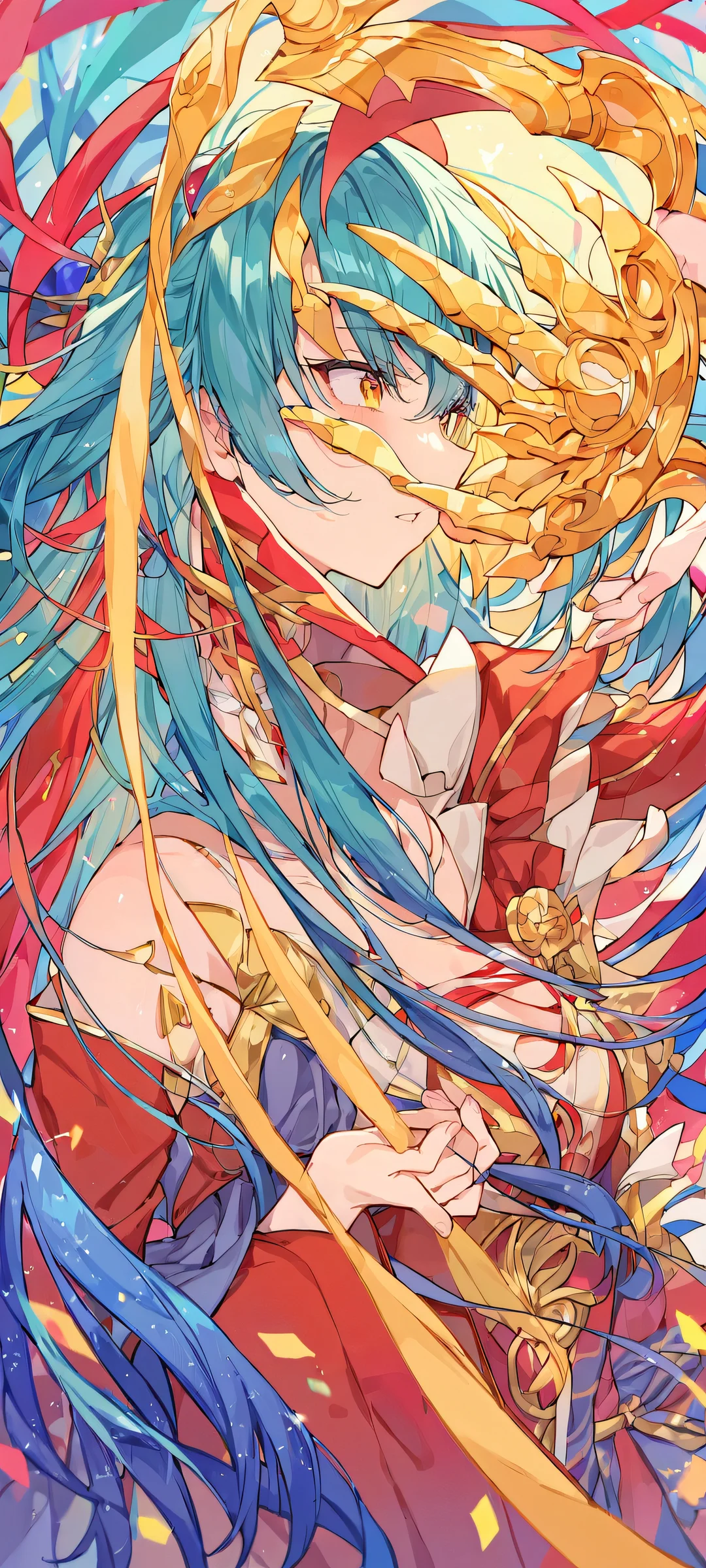 Anime Celebration QHD Phone Background iPhone/Android anime wallpaper featuring Azusawa Kohane and friends from Project Sekai, with vibrant confetti and pastel hues.