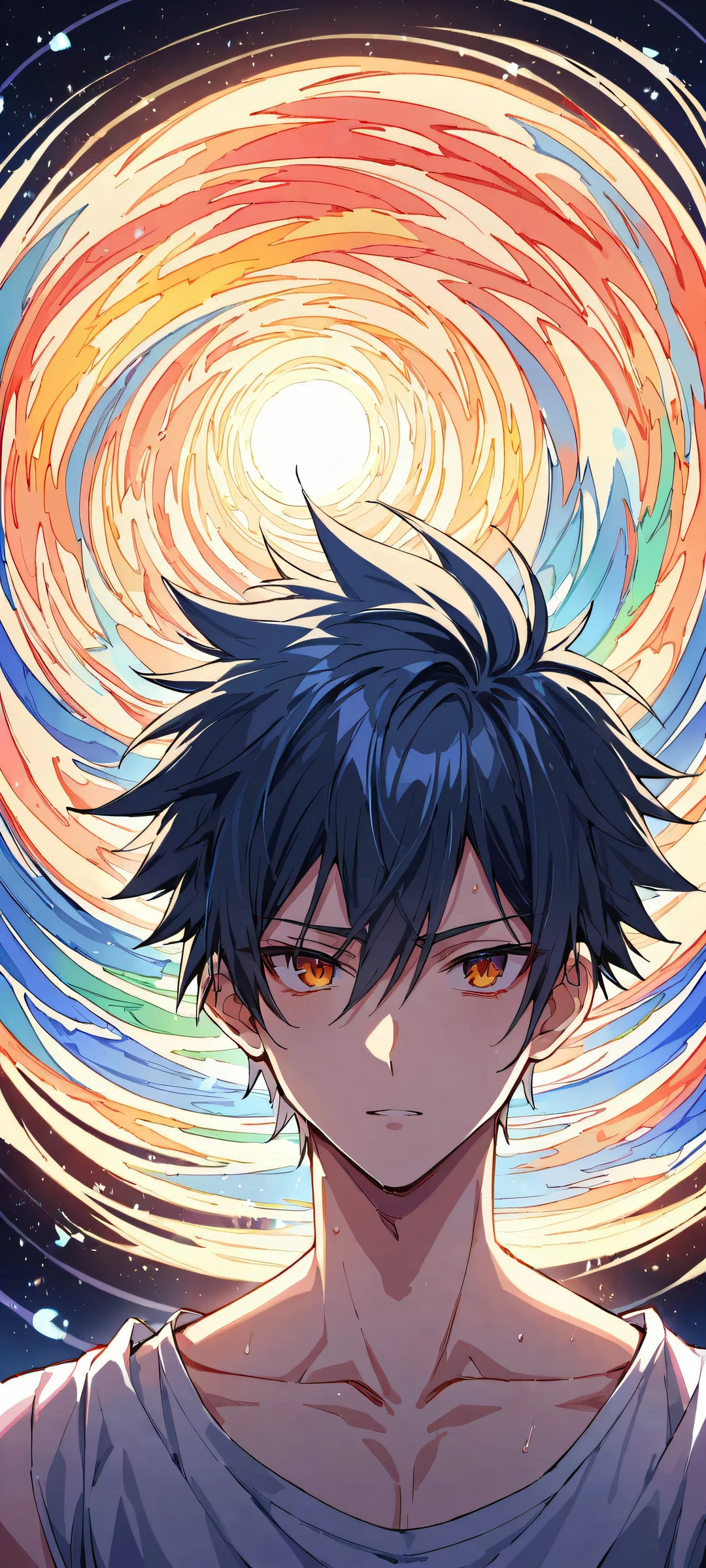 Tatsumi Saiga's anime boys and girls pose in perfect harmony on bent legs against a bright blue sky - iPhone/Android compatible wallpaper.