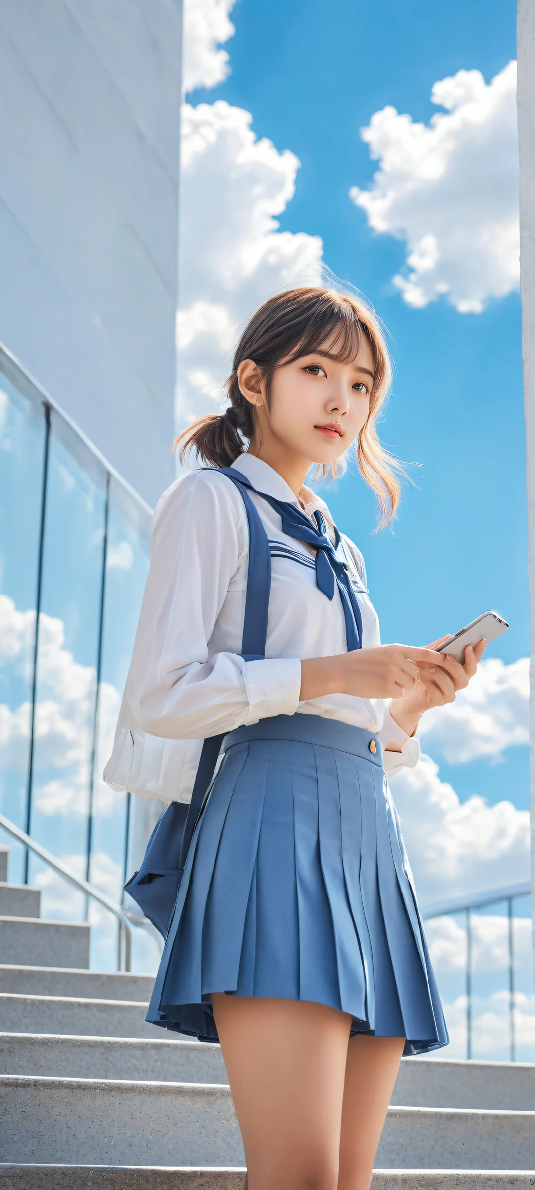 A breathtaking vertical portrait of Anime girls standing in front of an epic staircase and smartphone with iPhone/Android display, showcasing intricate micro-details and radiant colors.