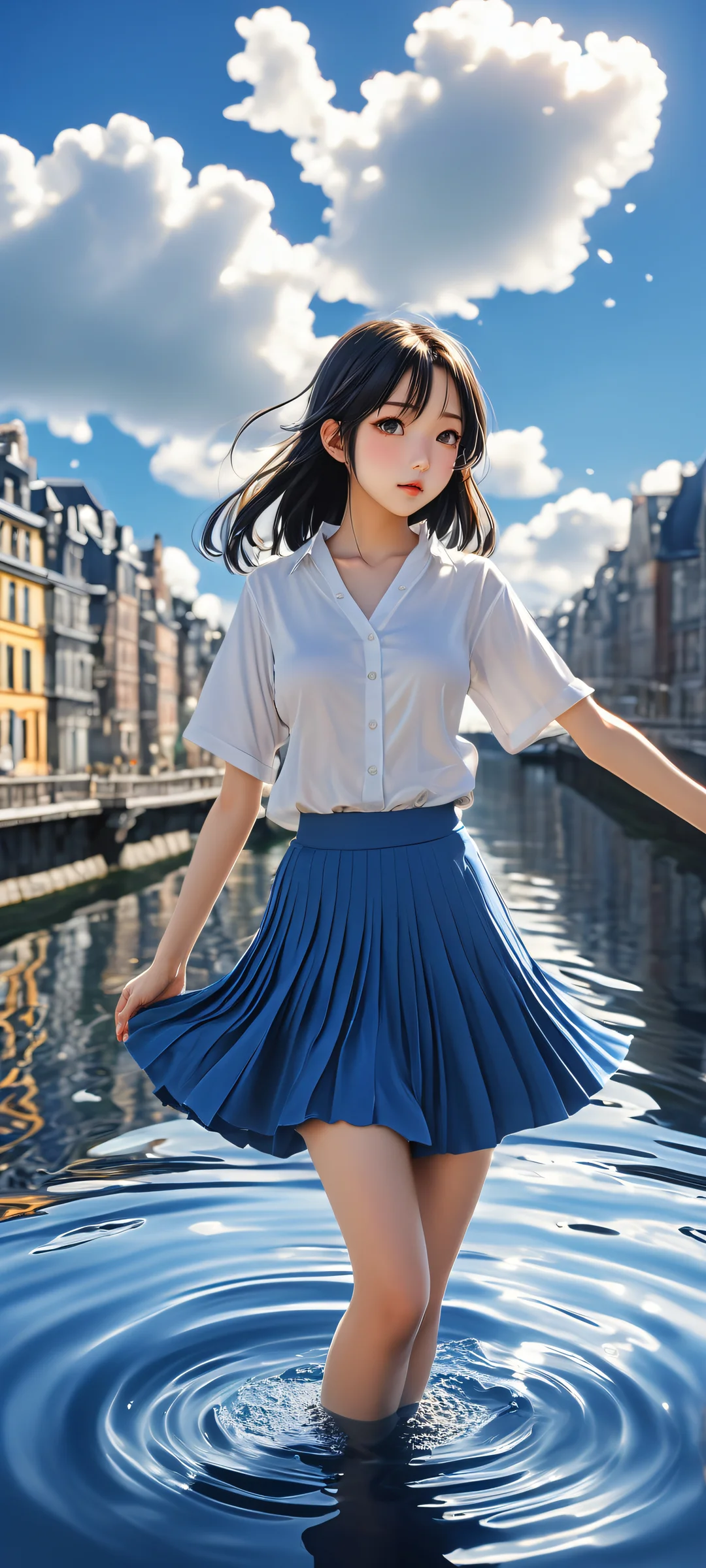 Anime girls in pleated skirts and fish interacting in water, with a vast pure void above. Perfectly optimized for iPhone and Android home screens.