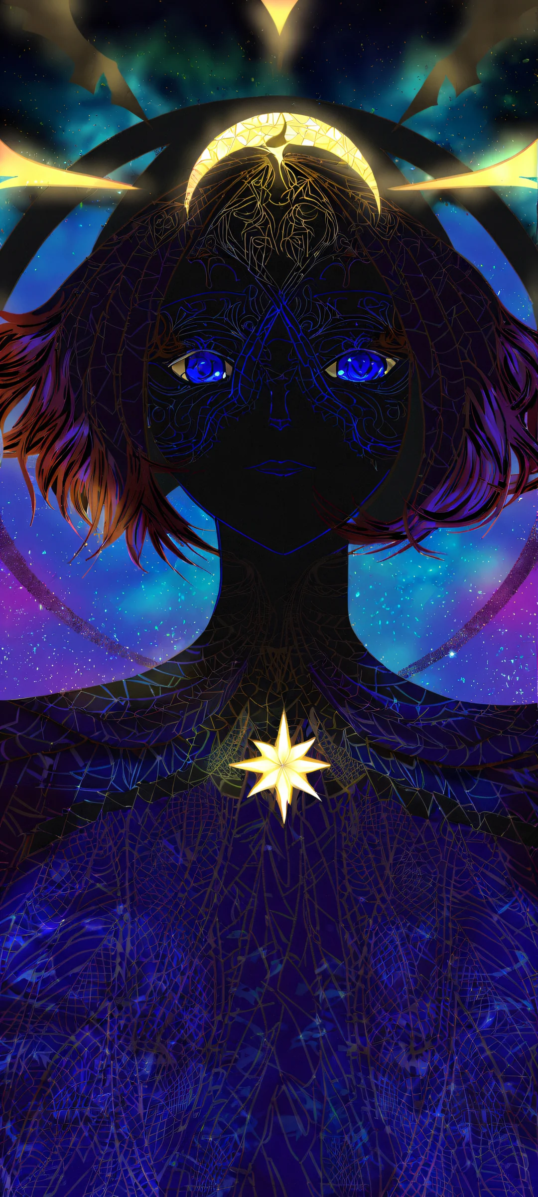 A breathtaking portrait of anime girls with blue eyes, set against a stunning night sky on an iPhone/Android home screen.