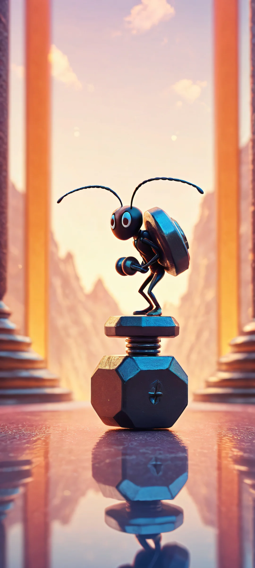 A breathtaking portrait of an ant lifting a tiny dumbbell on a vast, pure void background. iPhone/Androidのホーム画面に最適.