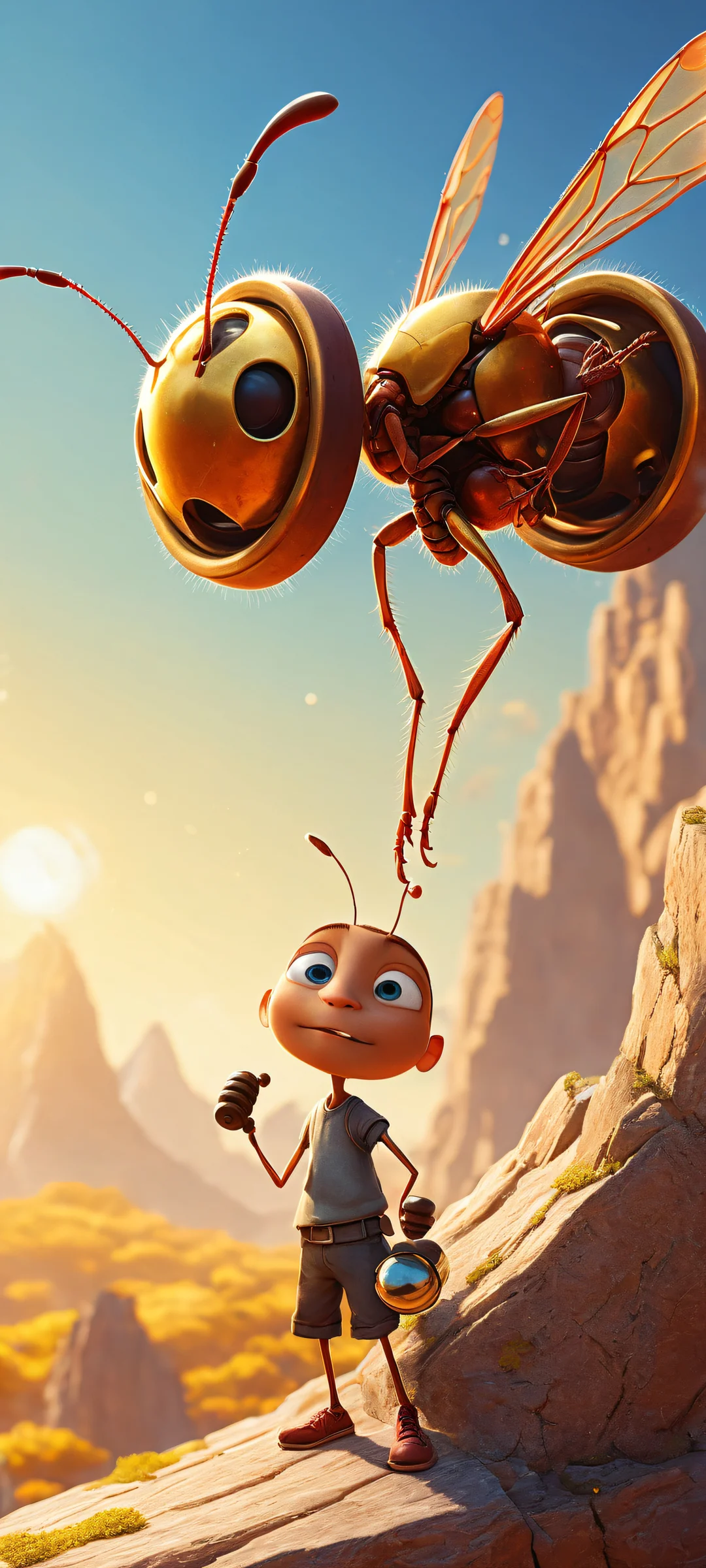 iPhone/Android portrait wallpaper featuring an ant lifting a tiny dumbbell in a stunning digital artwork with ethereal lighting and brilliant colors.