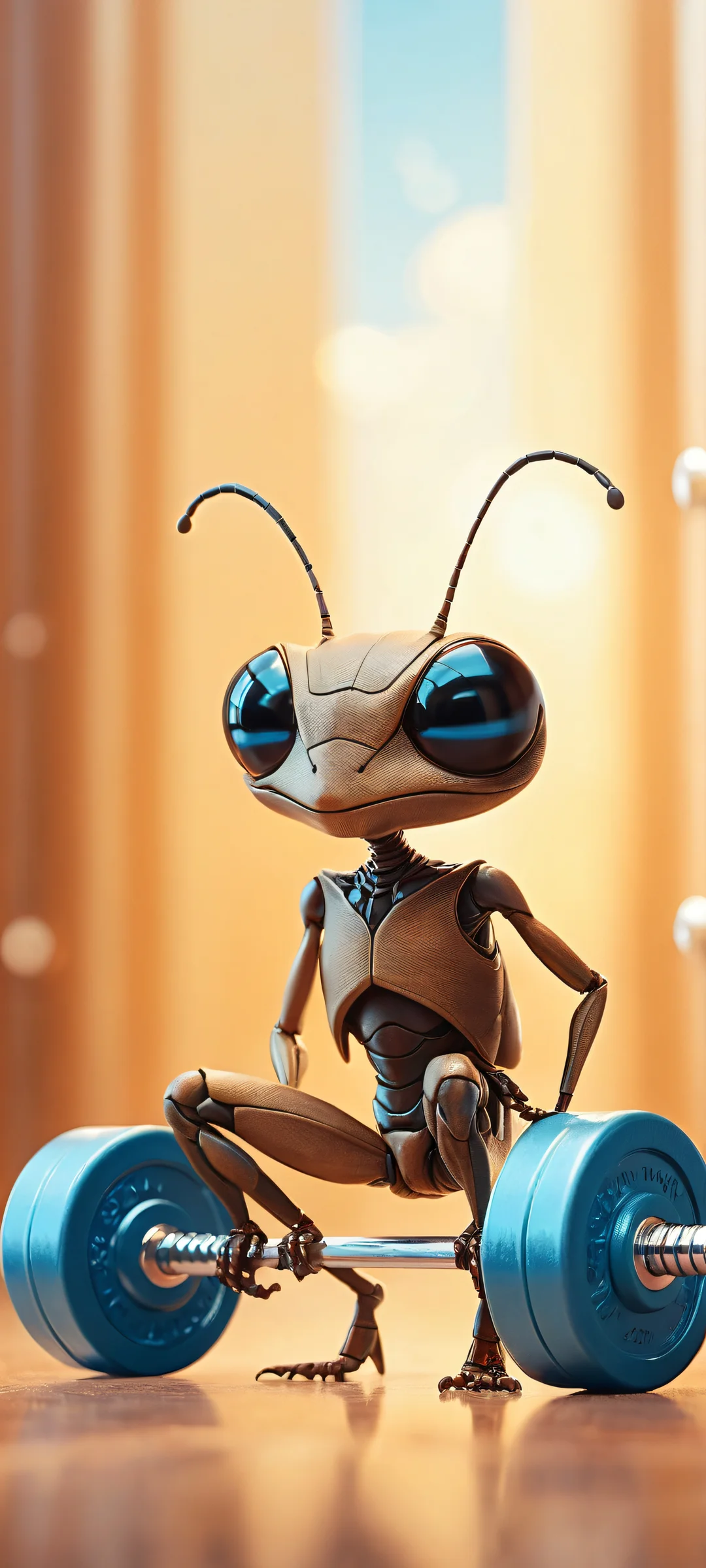 Ant lifting tiny dumbbell on iPhone/Android mobile wallpaper with award-winning digital art and stunning visual impact.