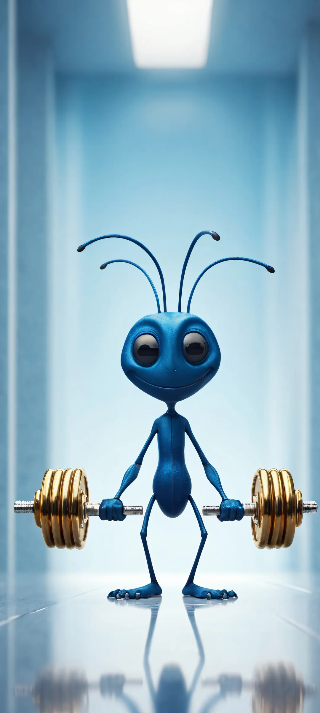 iPhone and Android compatible vertical portrait of an ant lifting dumbbells in a miniature gym, showcasing incredible bodybuilding prowess. Perfectly optimized for home screens.