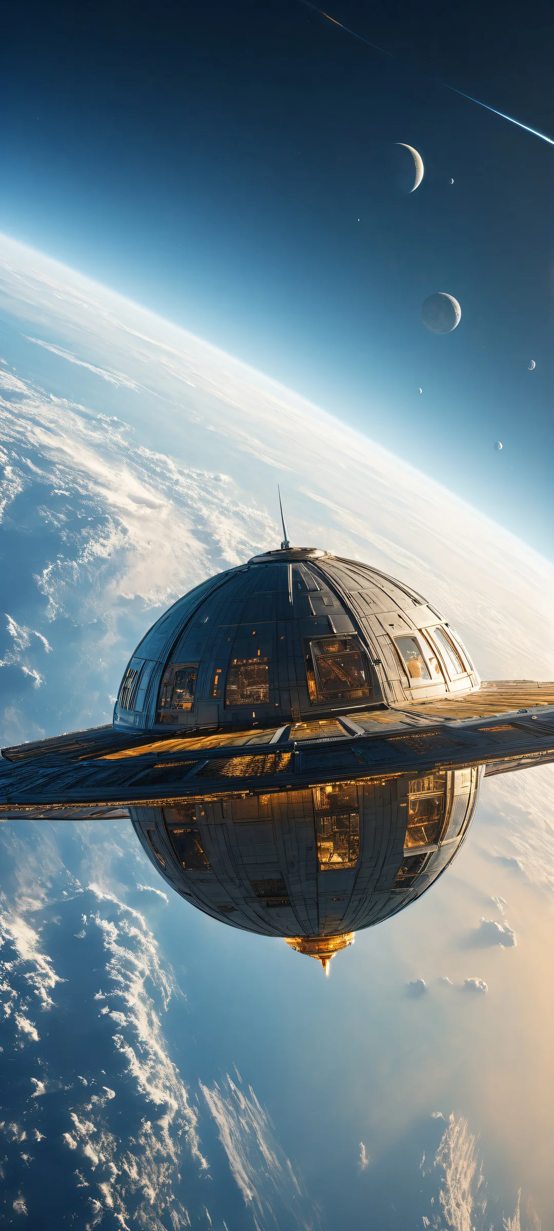 Breathtaking portrait of antique spacecraft on iPhone/Android background with soft gradient and ray traced reflections.