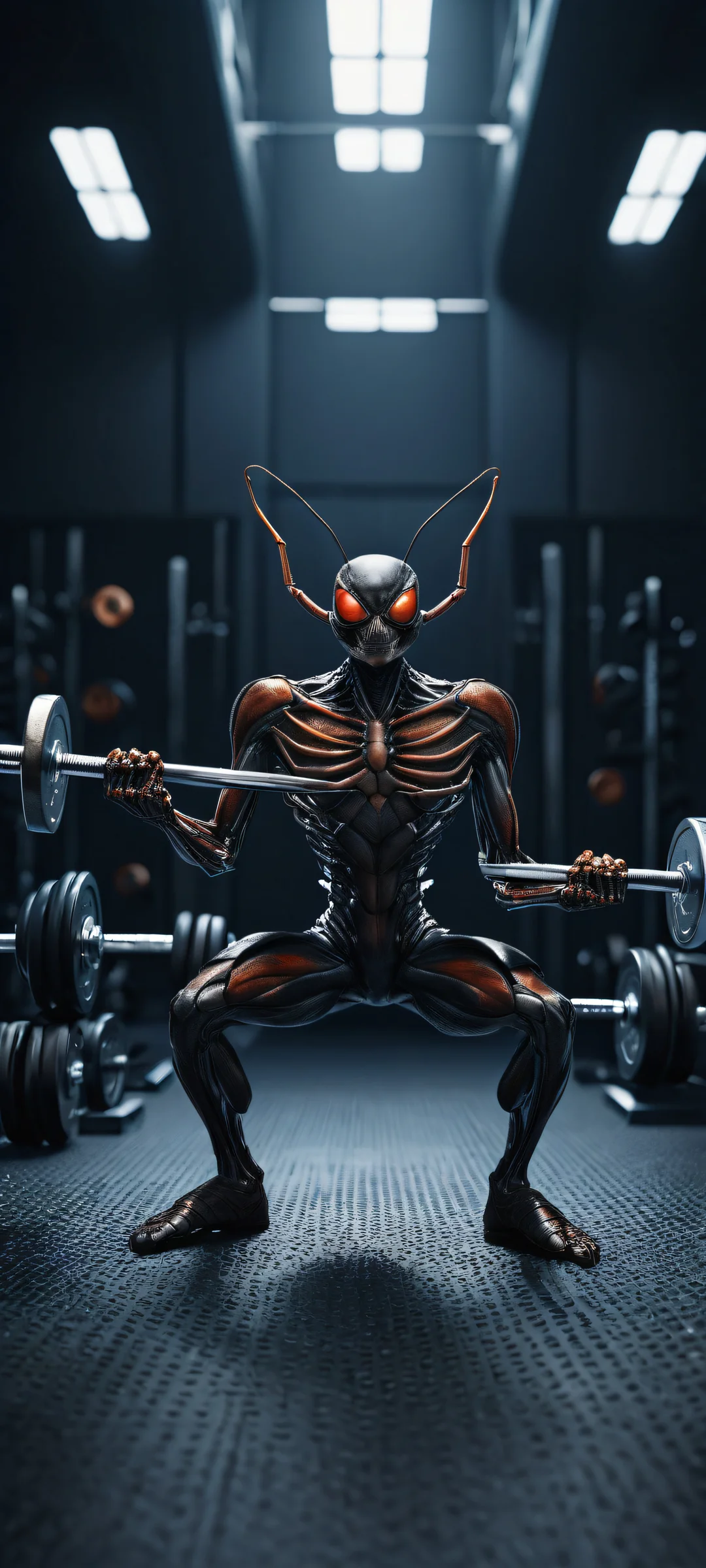 iPhone and Android users will love this stunning portrait artwork of Ant lifting a tiny dumbbell, surrounded by miniature gym equipment. Perfectly clean top half ideal for UI.