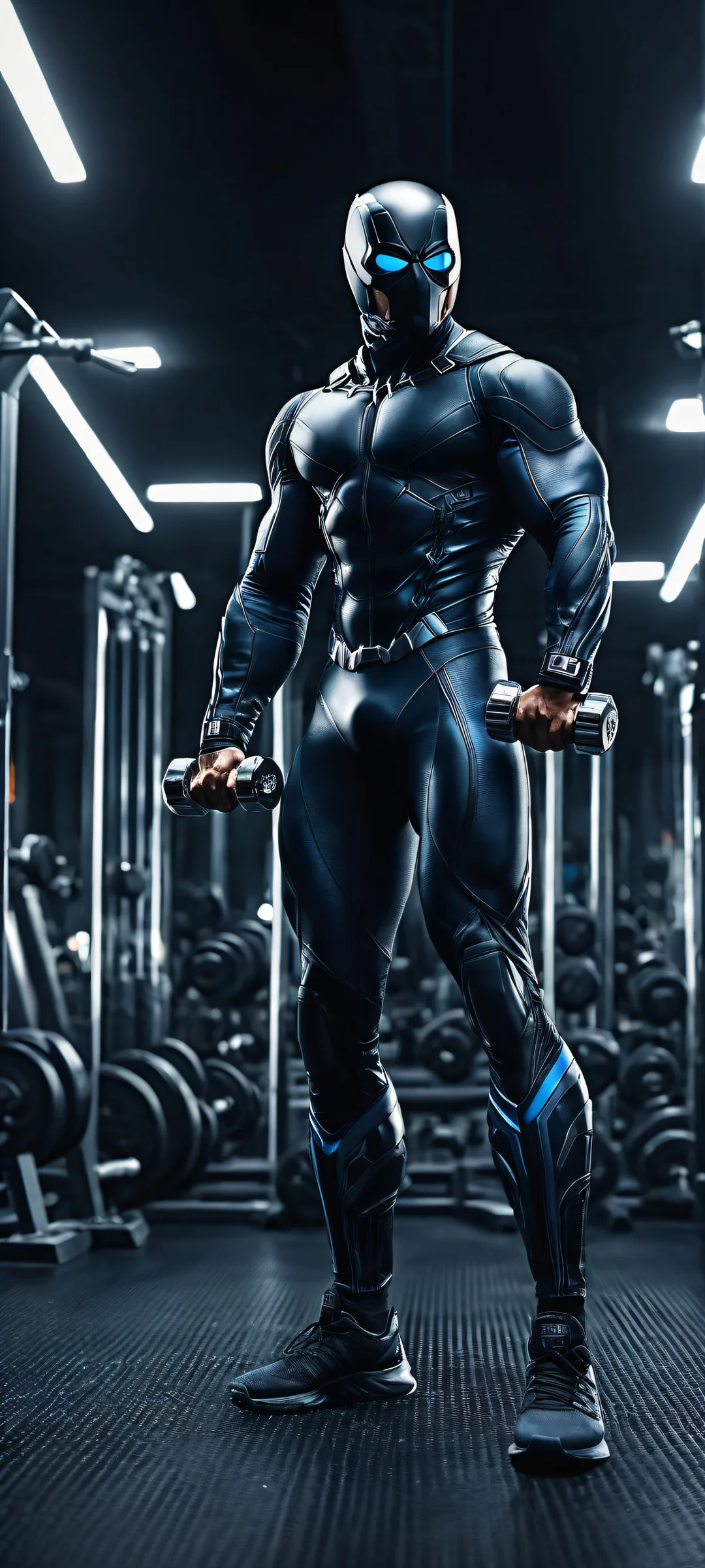 iPhone/Android: A stunning portrait of an ant lifting a tiny dumbbell in a miniature gym, amidst vast empty space.