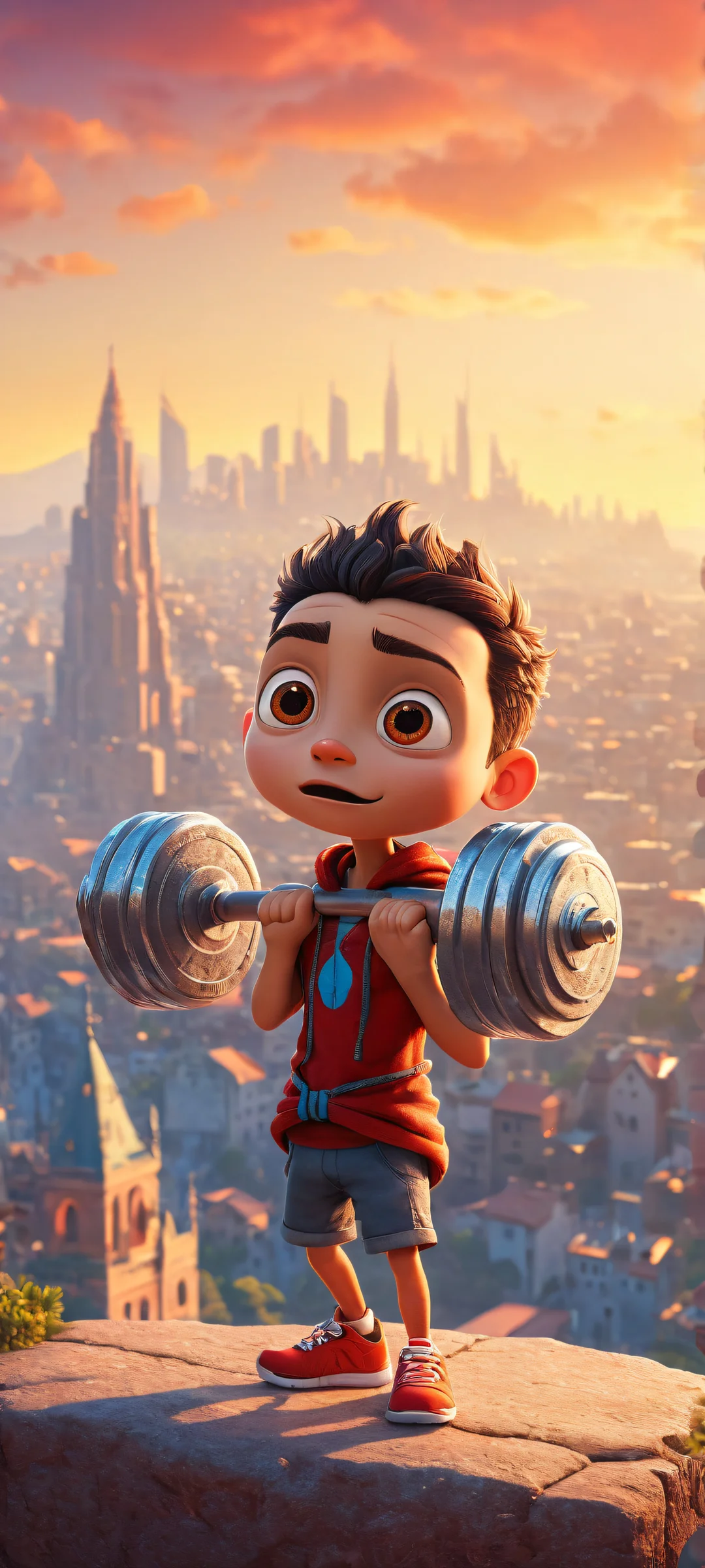 A stunning vertical portrait of Ant lifting a tiny dumbbell on an iPhone/Android home screen, with breathtaking details and ethereal lighting.