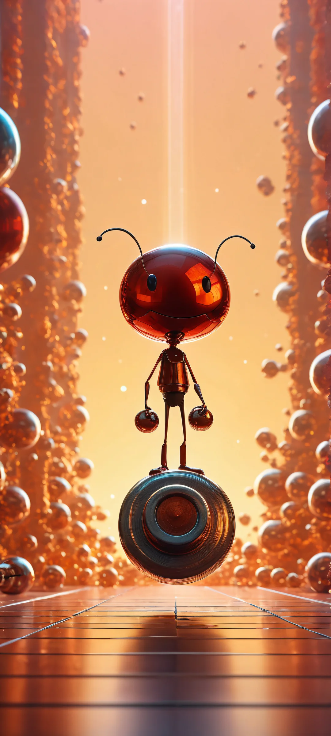 A playful ant lifting a tiny dumbbell on an iPhone or Android home screen, surrounded by a miniature gym with insane micro-details.