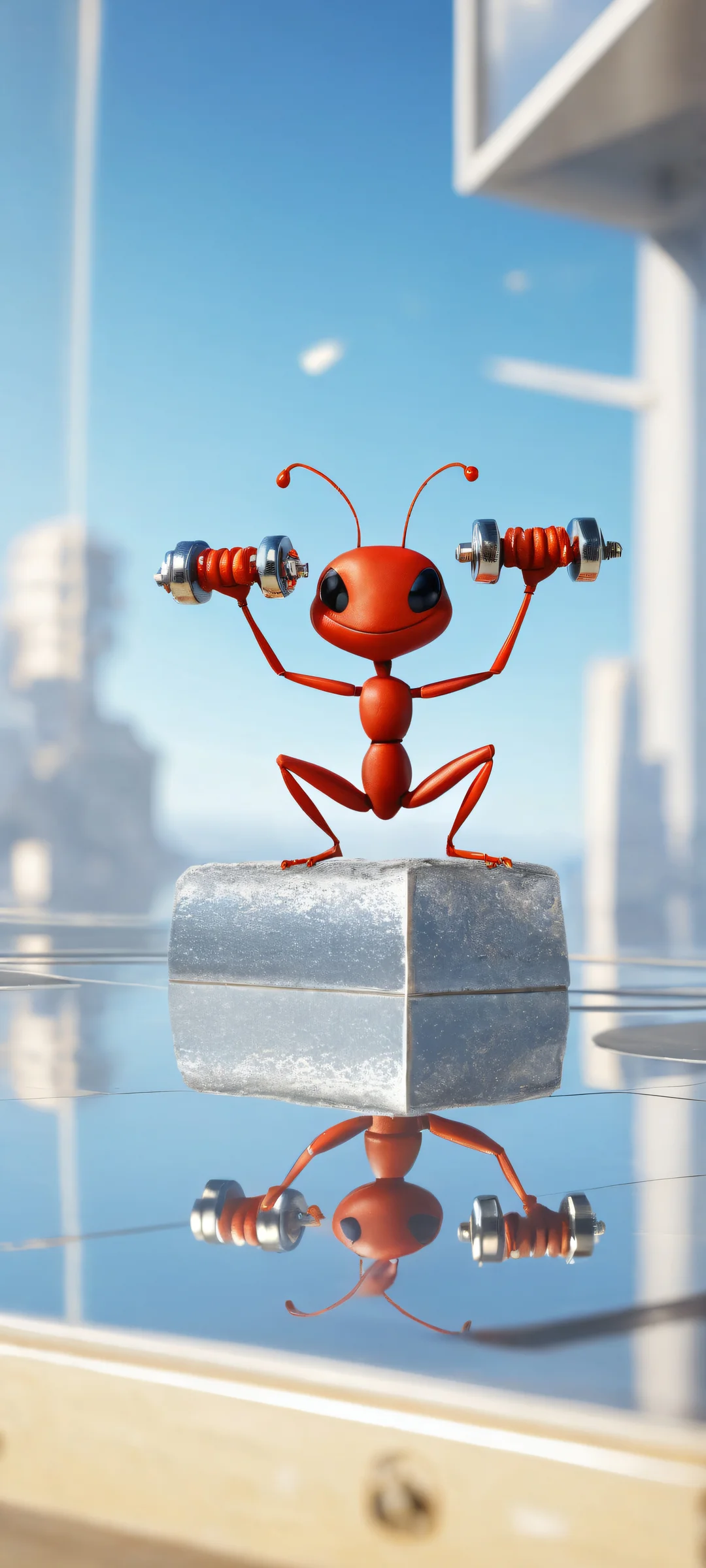 A tiny ant lifts a dumbbell in a miniature gym amidst a bustling landscape. Perfect for iPhone and Android home screens.