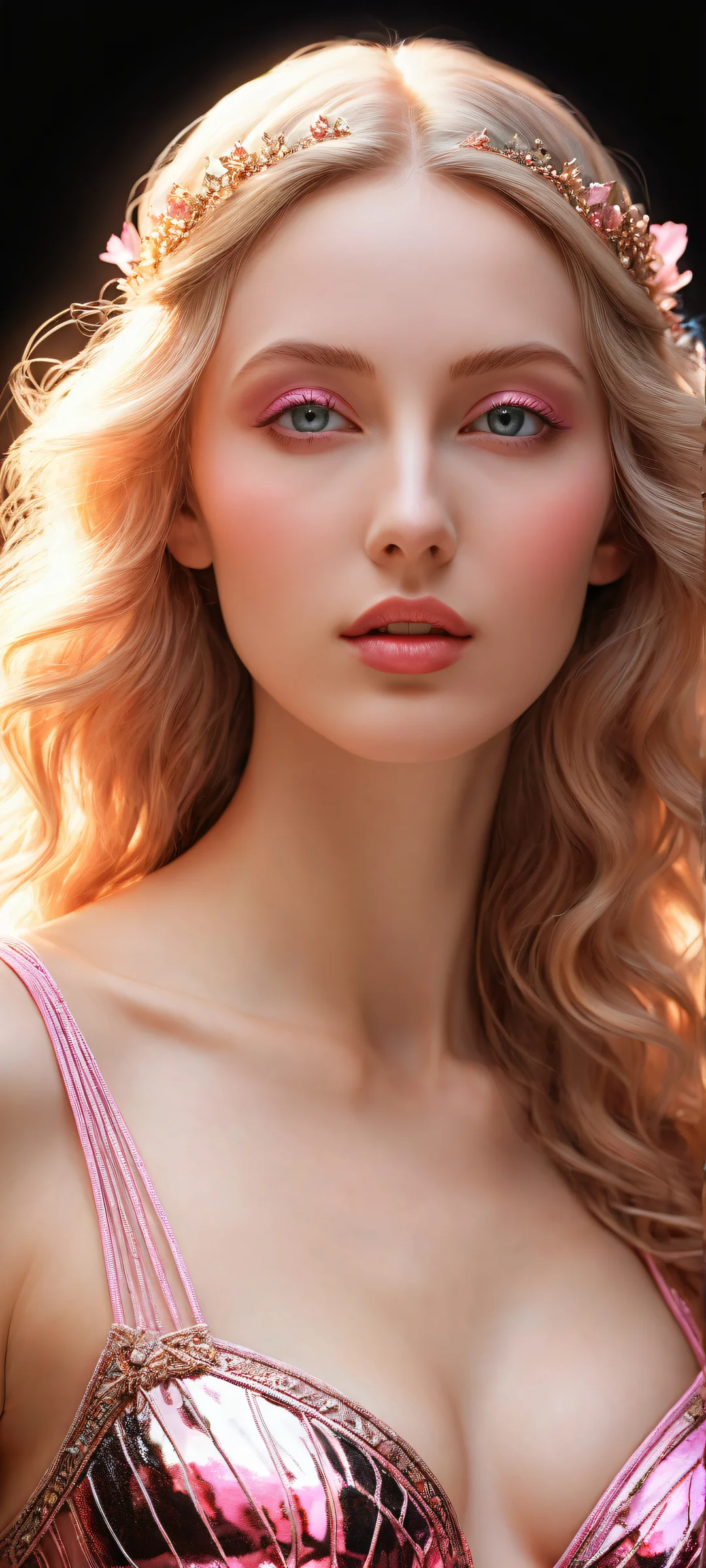 Ethereal Aphrodite QHD Smartphone Background Aphrodite portrait for iPhone and Android screens, featuring radiant pink hues and ray-traced reflections.