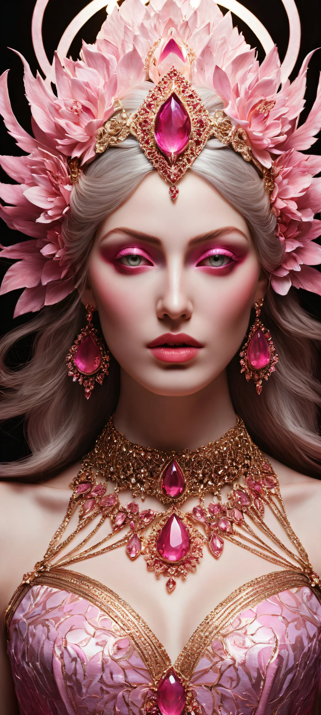Portrait of Aphrodite with hearts and ethereal lighting for iPhone/Android wallpapers