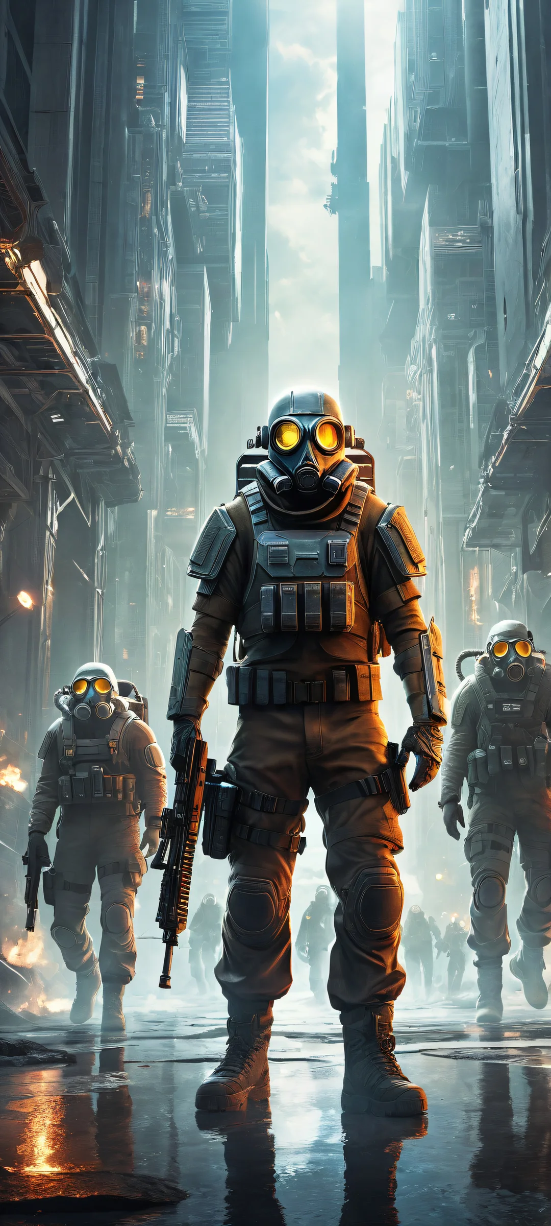 Ethereal artwork of gas-masked video game characters standing amidst a desolate post-apocalyptic battlefield, perfectly reflecting the bleak atmosphere. Compatible with iPhone and Android devices.