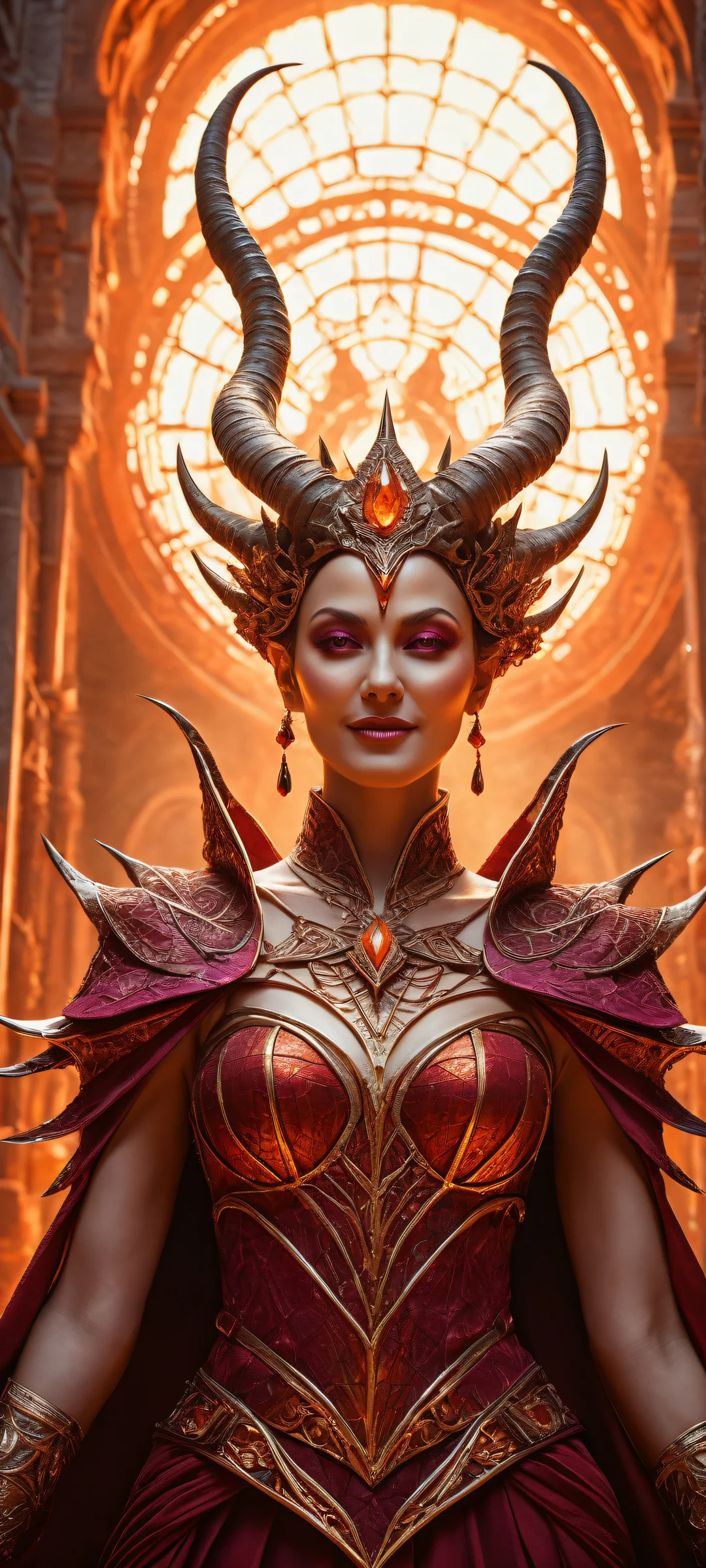 A hauntingly beautiful digital artwork featuring a horned queen amidst an apocalyptic scene, perfectly optimized for iPhone/Android home screens.