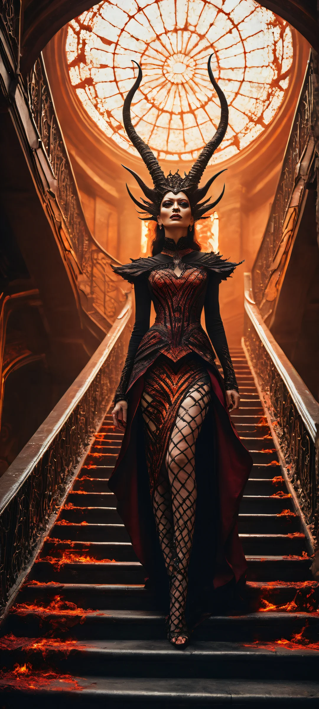 A stunning portrait of a horned queen standing on an infinite spiral staircase, perfectly optimized for iPhone/Android home screens.