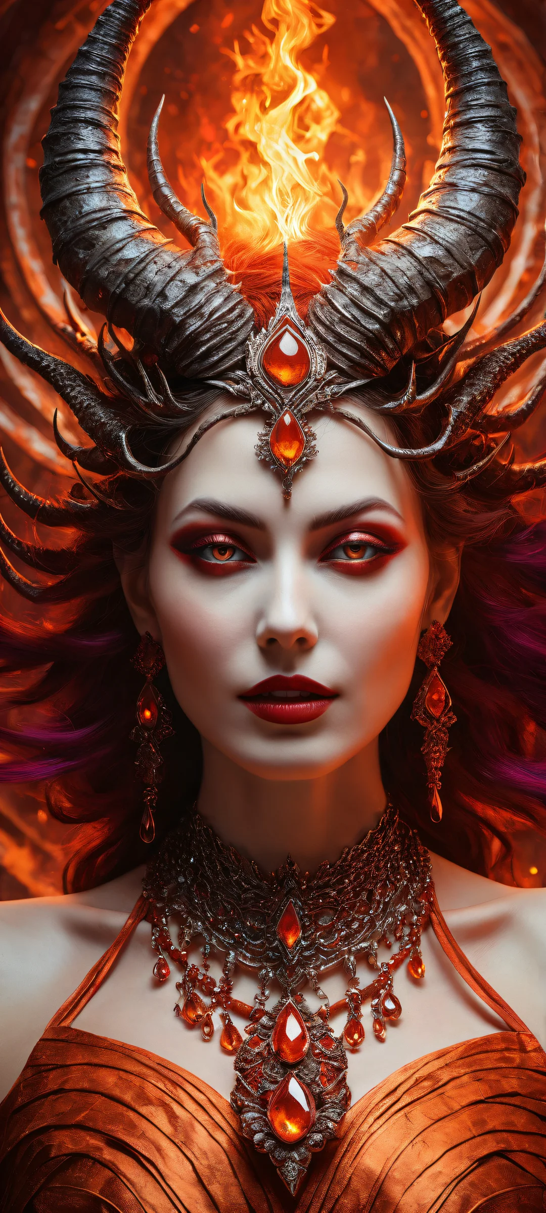 Apocalyptic Majesty iPhone & Fondo de pantalla de Android The Horned Queen portrait on a burning apocalyptic background with iPhone/Android