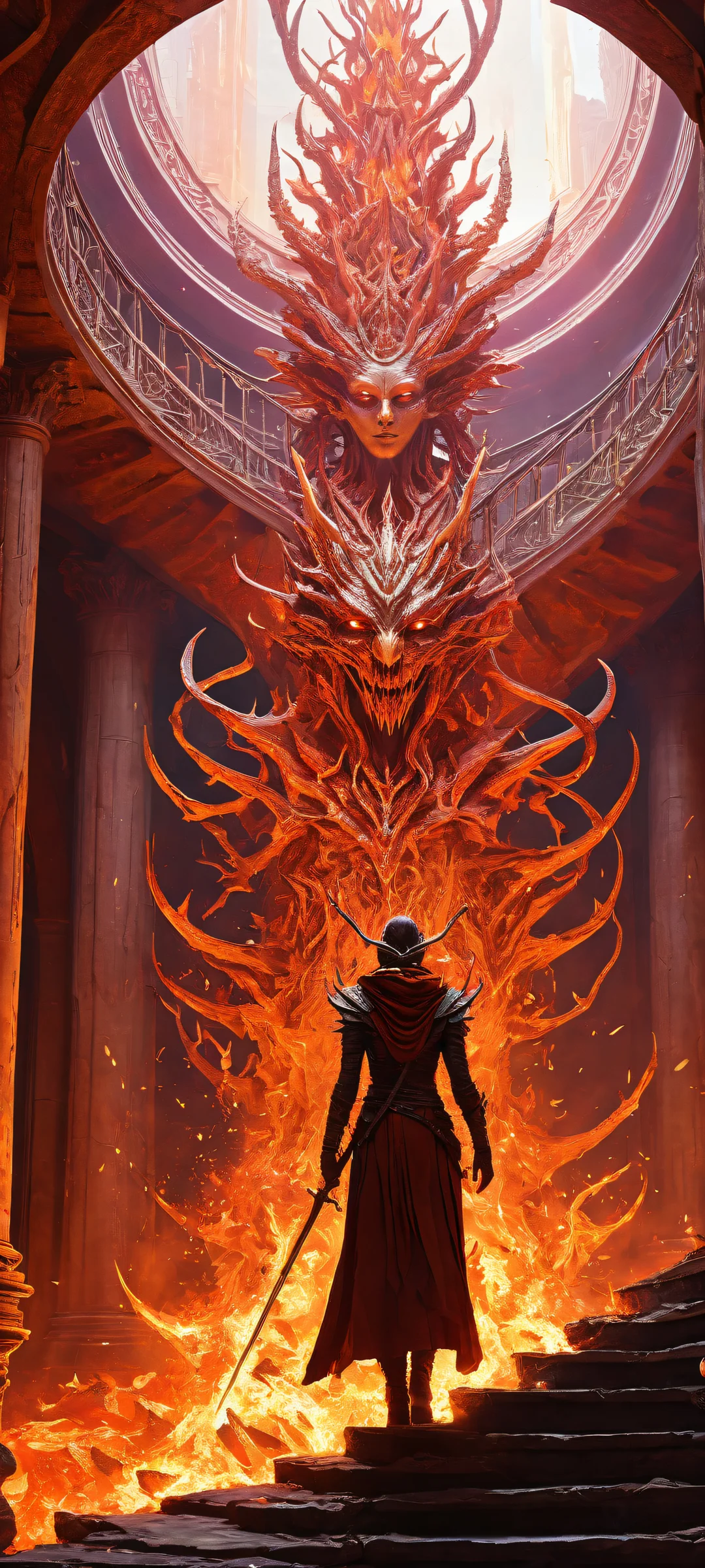 The Horned Queen stands proudly on an infinite spiral staircase amidst a burning apocalyptic chasm. Perfekt für iPhone- und Android-Startbildschirme.