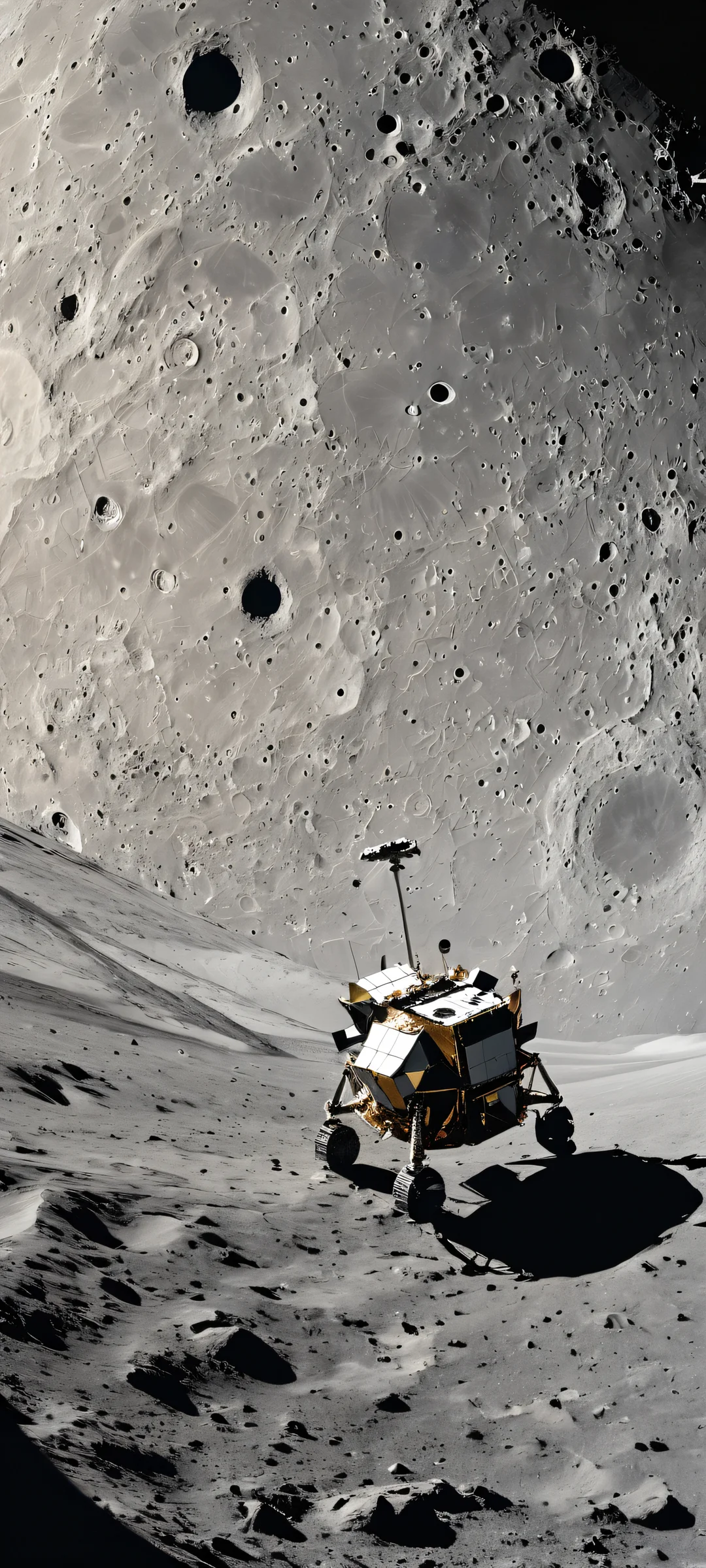 Beautiful digital artwork of the Apollo Lunar Module 'Eagle' on the moon's surface, perfekt optimiert für iPhone- und Android-Startbildschirme.
