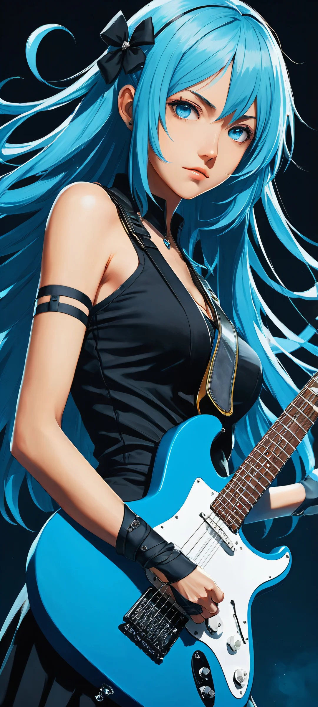 iPhone and Android user, immerse yourself in the breathtaking portrait of Aqua from KonoSuba, set against a stunning electric guitar background. Her mesmerizing blue hair and eyes are surrounded by intricate micro-details, perfectly optimized for your device's home screen.