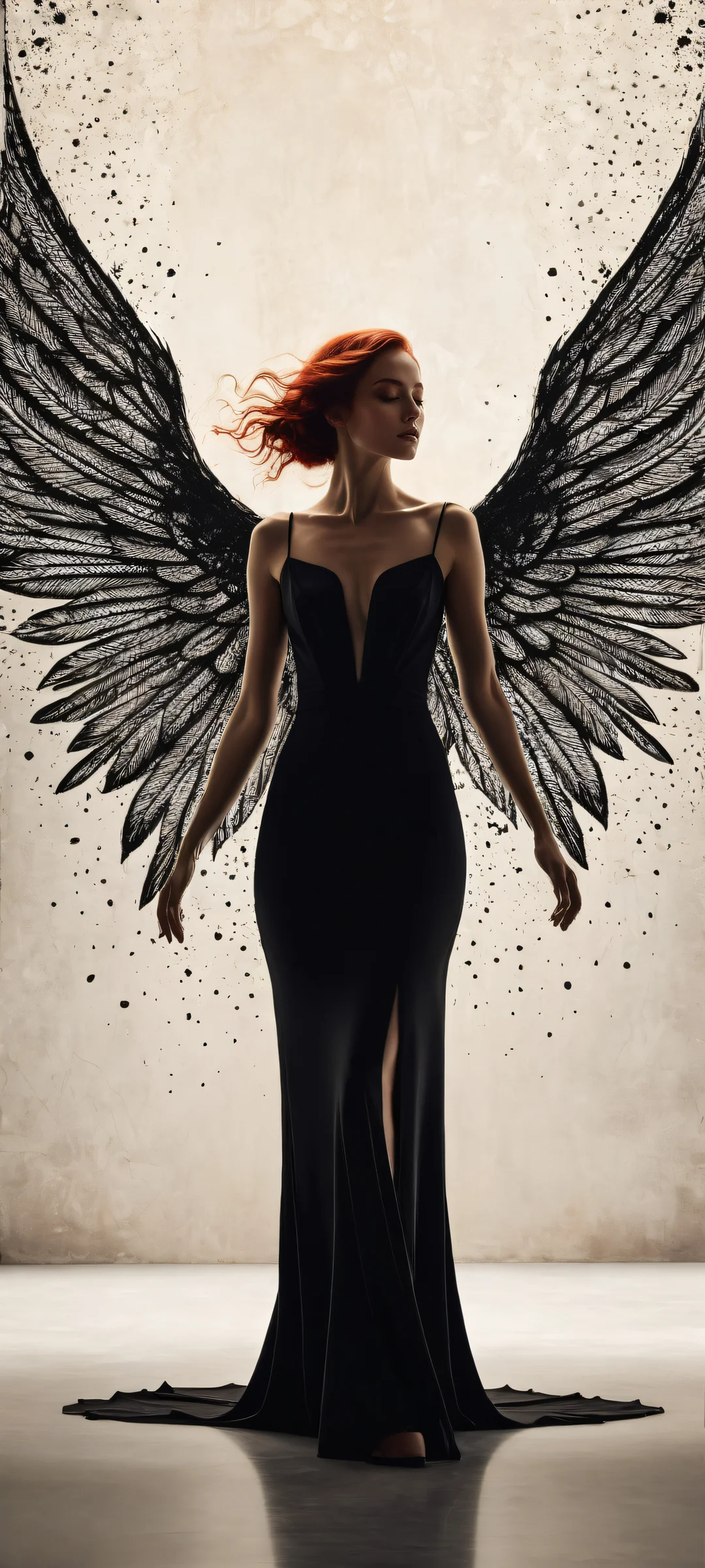 A lone figure with black silhouette and wings on iPhone/Android wallpaper with neutral beige background.