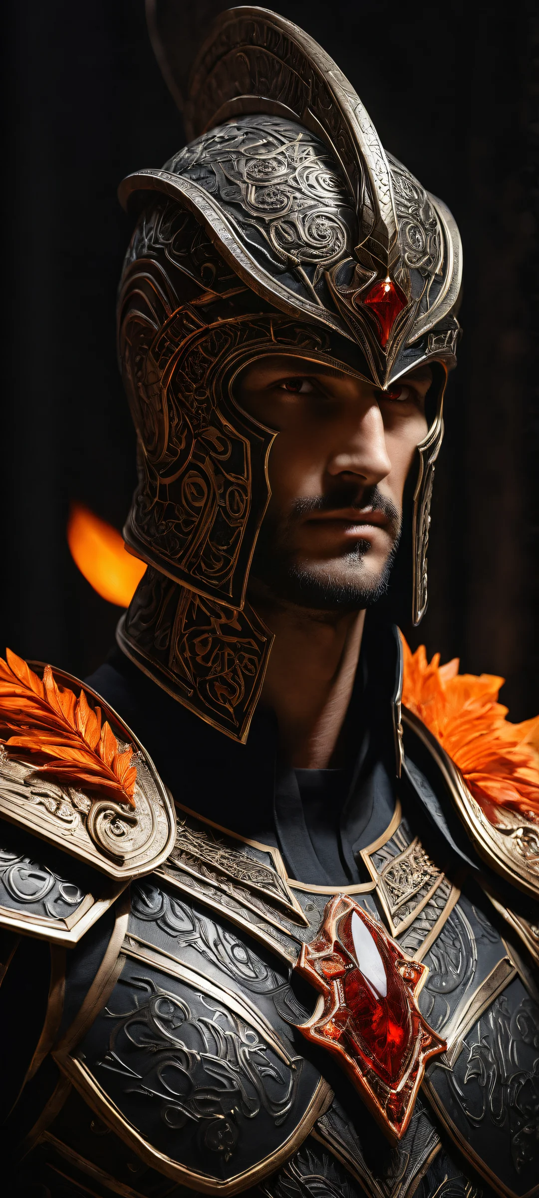 Breathtaking portrait of Ares for iPhone/Android with perfect blacks and striking contrast, featuring intricate symbols and armor plating.