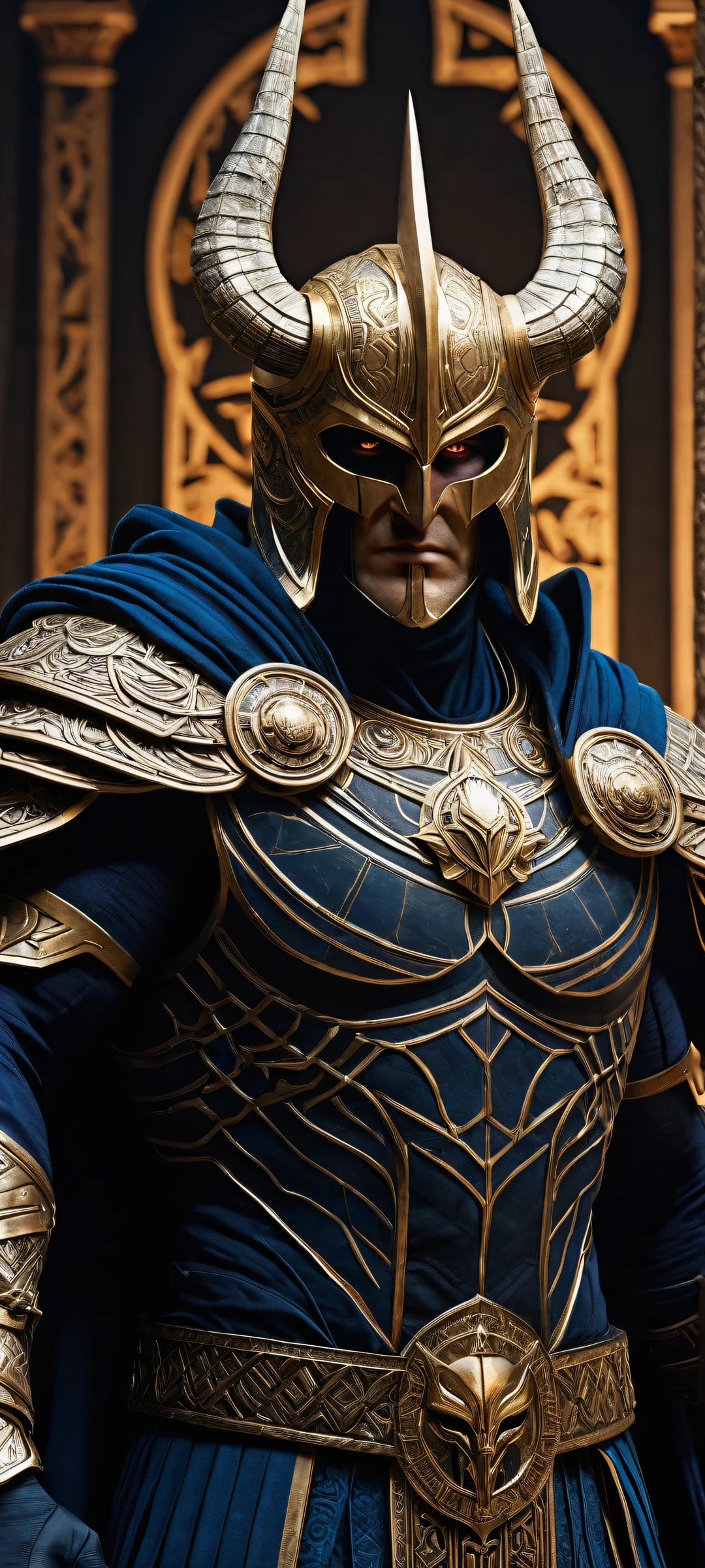 Breathtaking vertical portrait artwork of Ares, the Hades character, featuring ancient Greek symbols and textures. iPhone/Androidのホーム画面に最適.