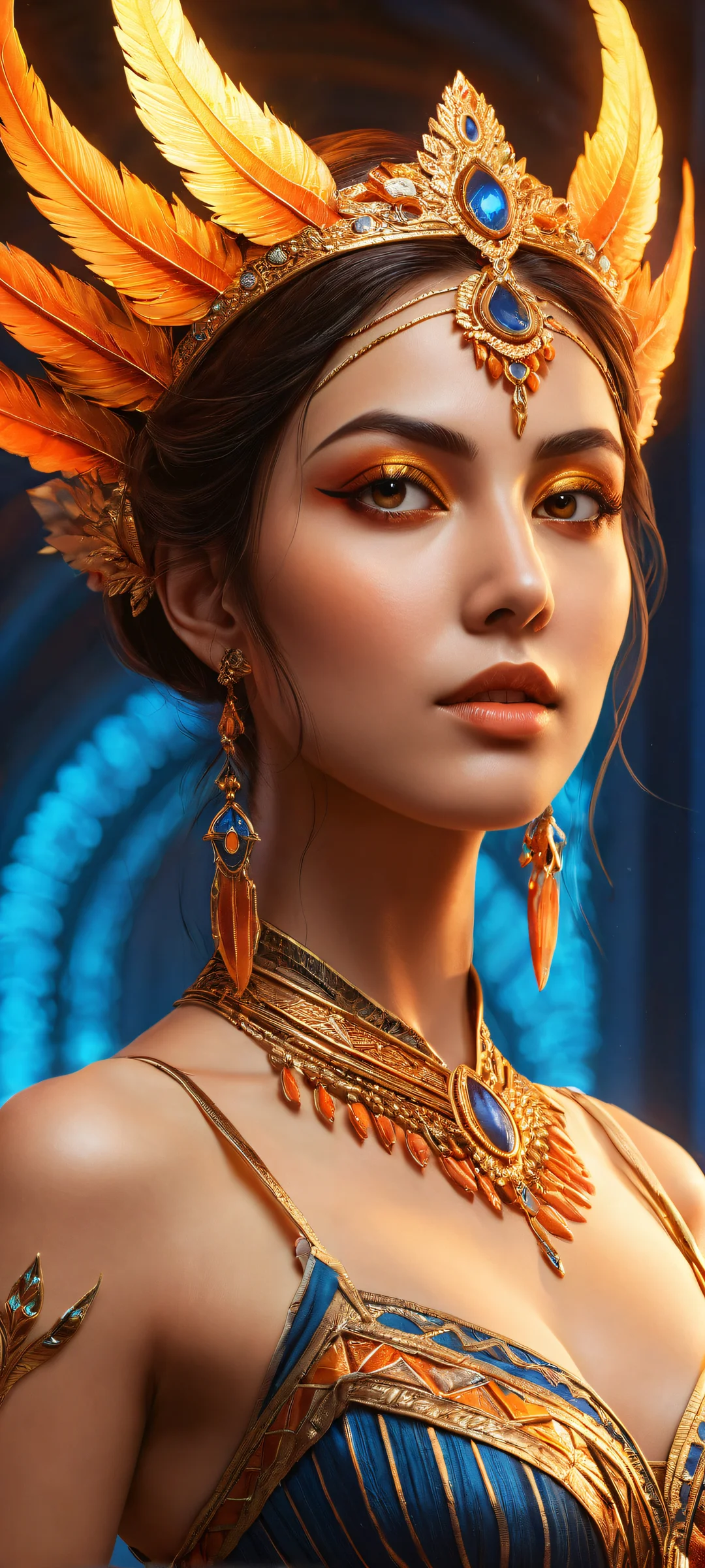 Aria, the protagonist's trusted ally, stands out against a warm glow with intricate textures and micro-details. Perfectly clean top half for UI integration, with a dramatic fire-lit statue scene in low light conditions. iPhone/Android wallpaper.