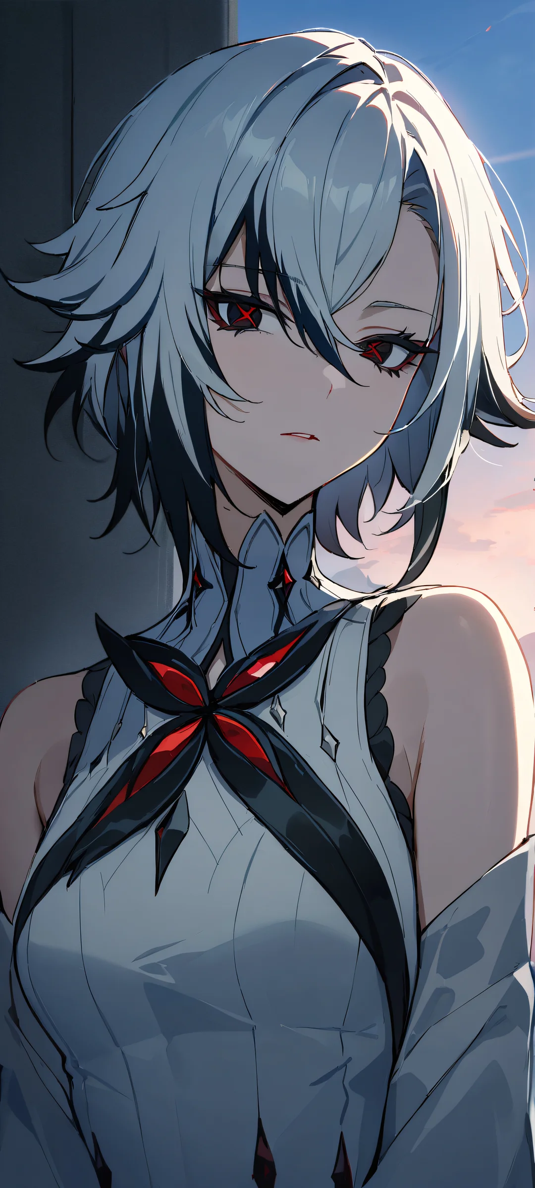 A serene portrait of Arlecchino from Genshin Impact looking directly at the viewer on an iPhone or Android home screen, with a bright and airy background.