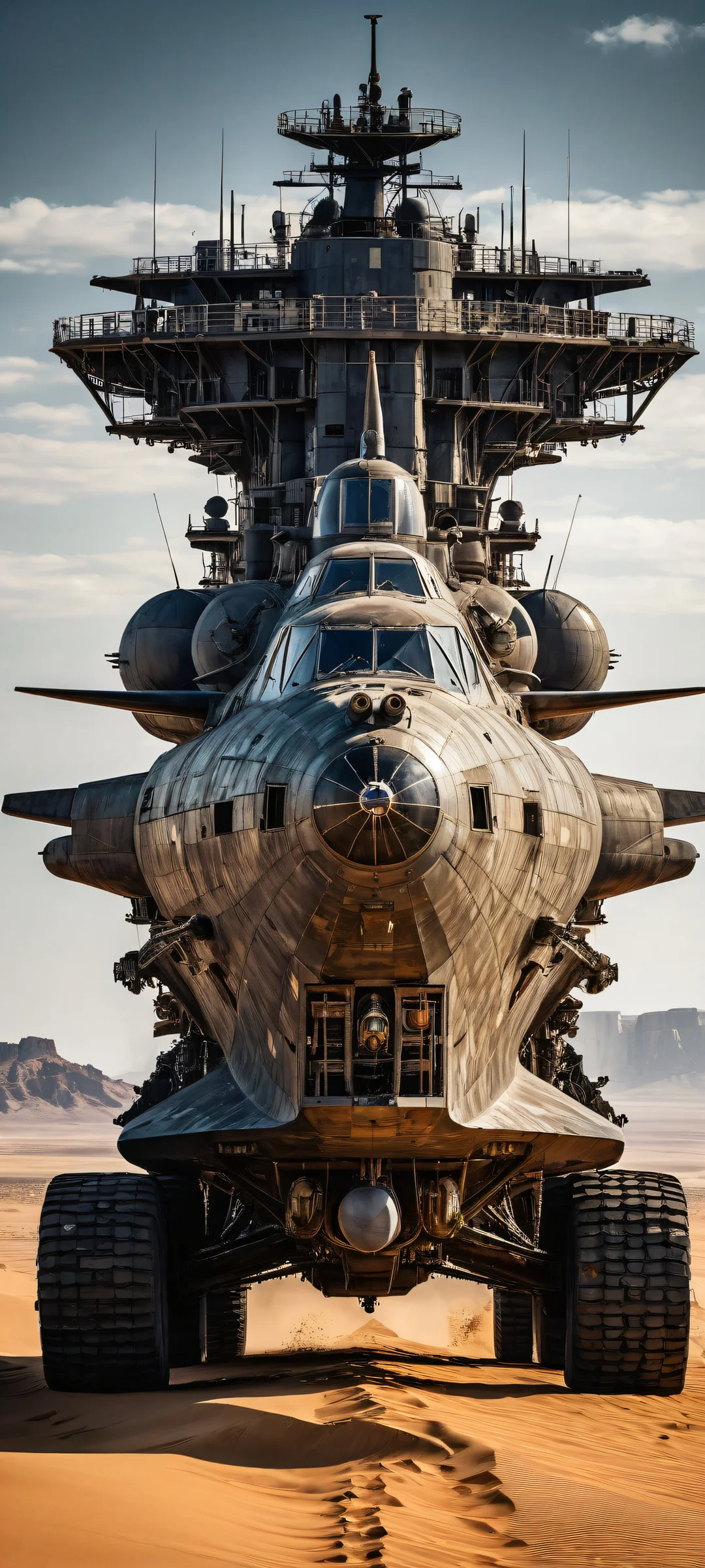 A heavily armored cruiser stands out against a vast desert landscape on your iPhone or Android device.