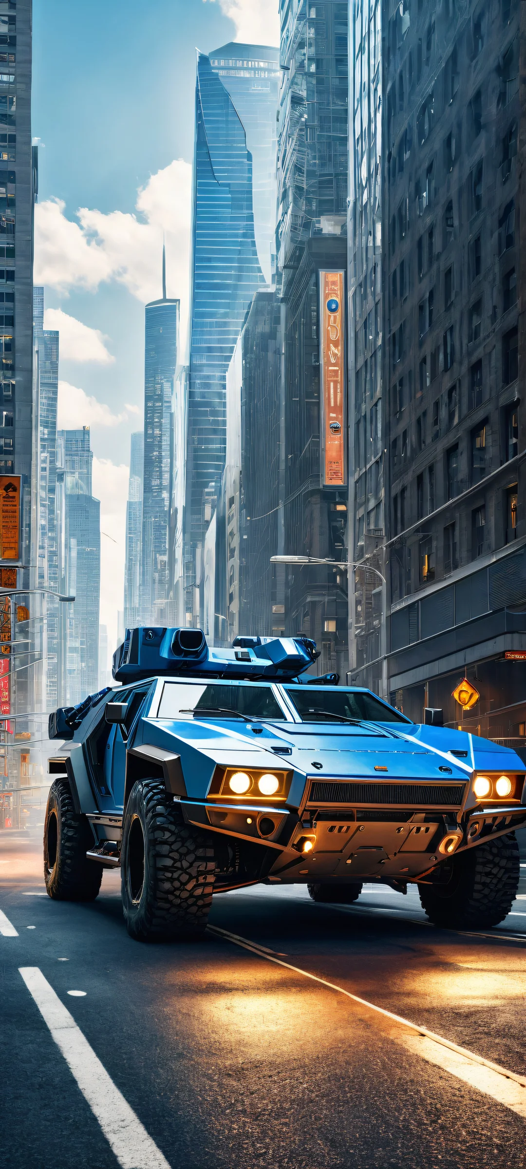 Armored Pursuit QHD Phone Background Armored vehicle set against a futuristic cityscape on an iPhone/Android phone home screen.