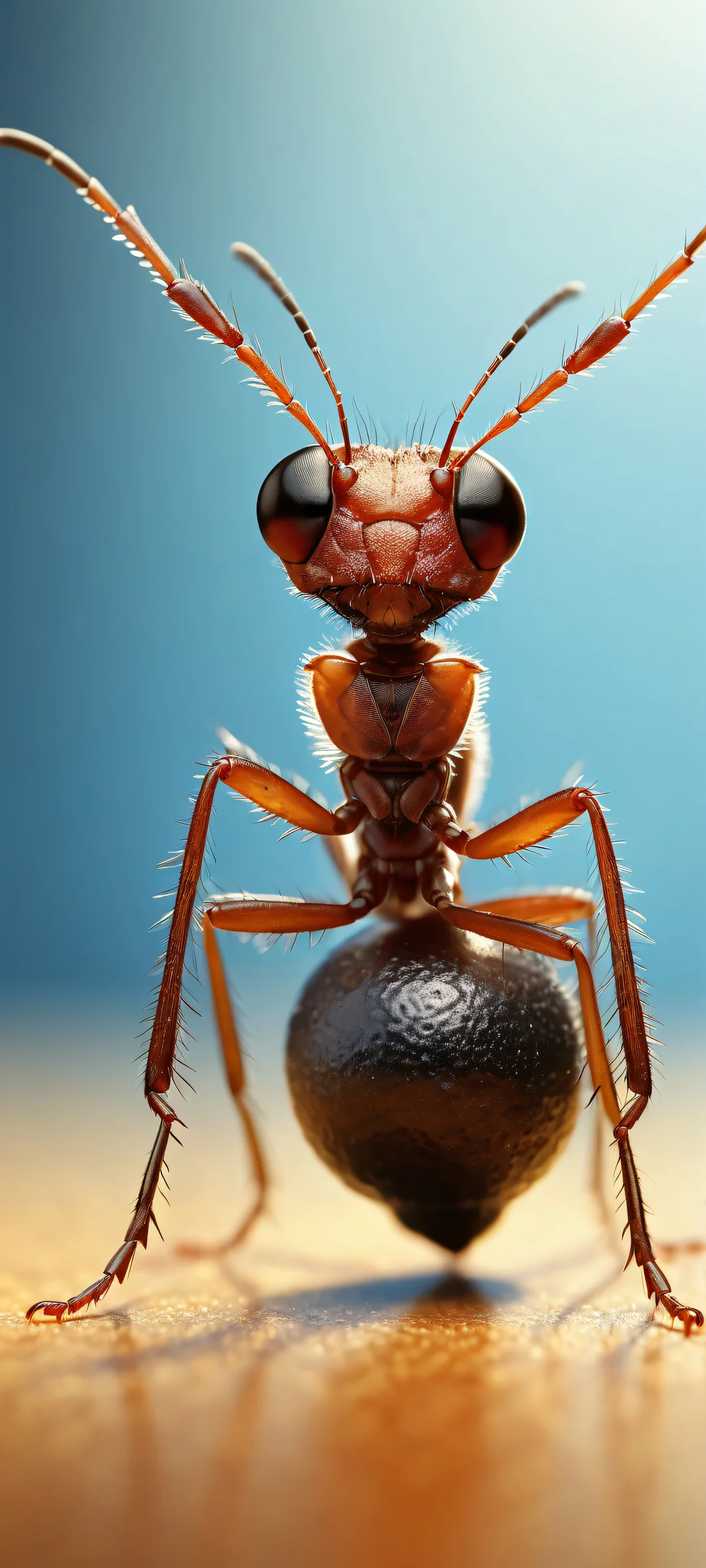A tiny ant named Arnold Schwarzen-ant lifting weights on a miniature dumbbell setup. Perfekt für iPhone- und Android-Startbildschirme.