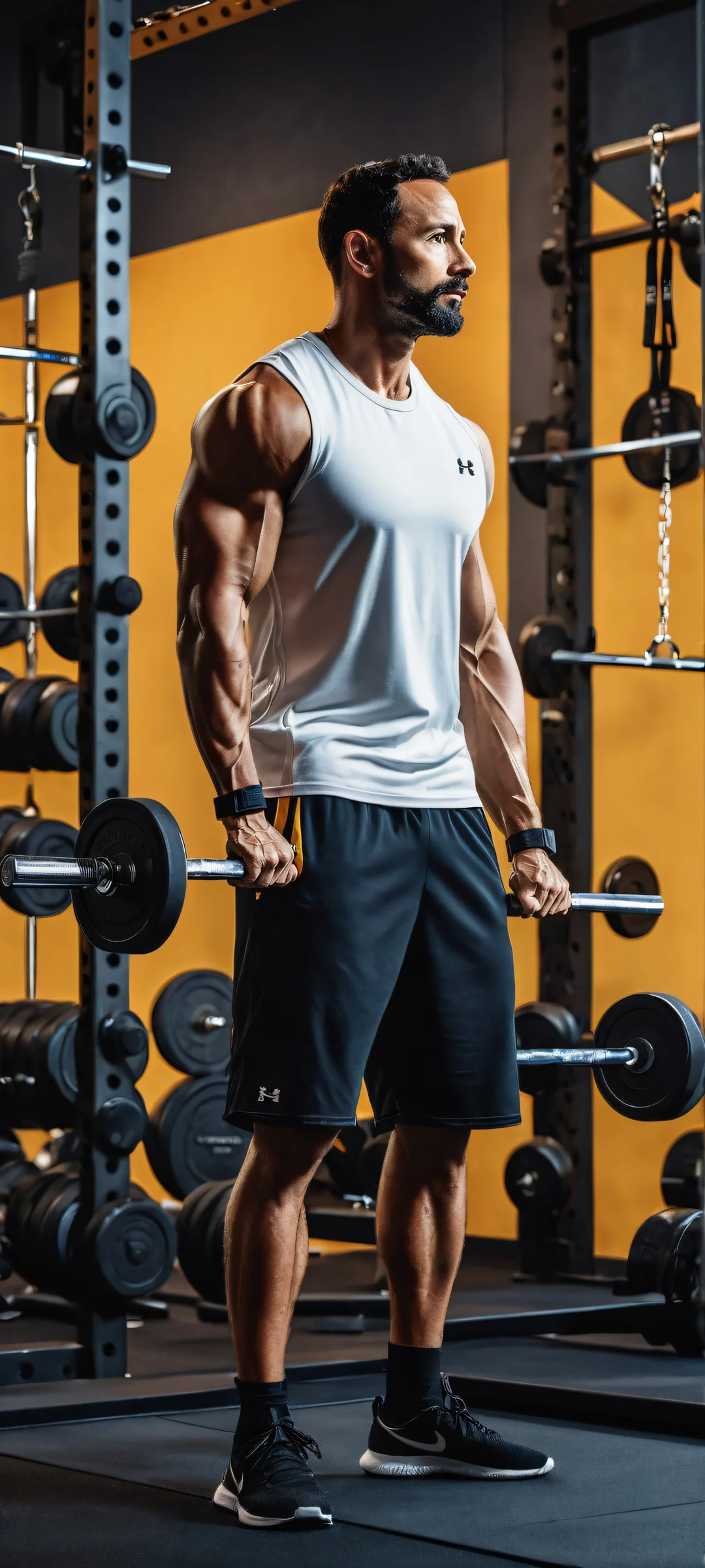 iPhone and Android user enjoying a beautiful fitness-themed wallpaper featuring Arnold the ant lifting weights in a miniature gym, set against a stunning dark mode aesthetic with perfect blacks and crisp whites.