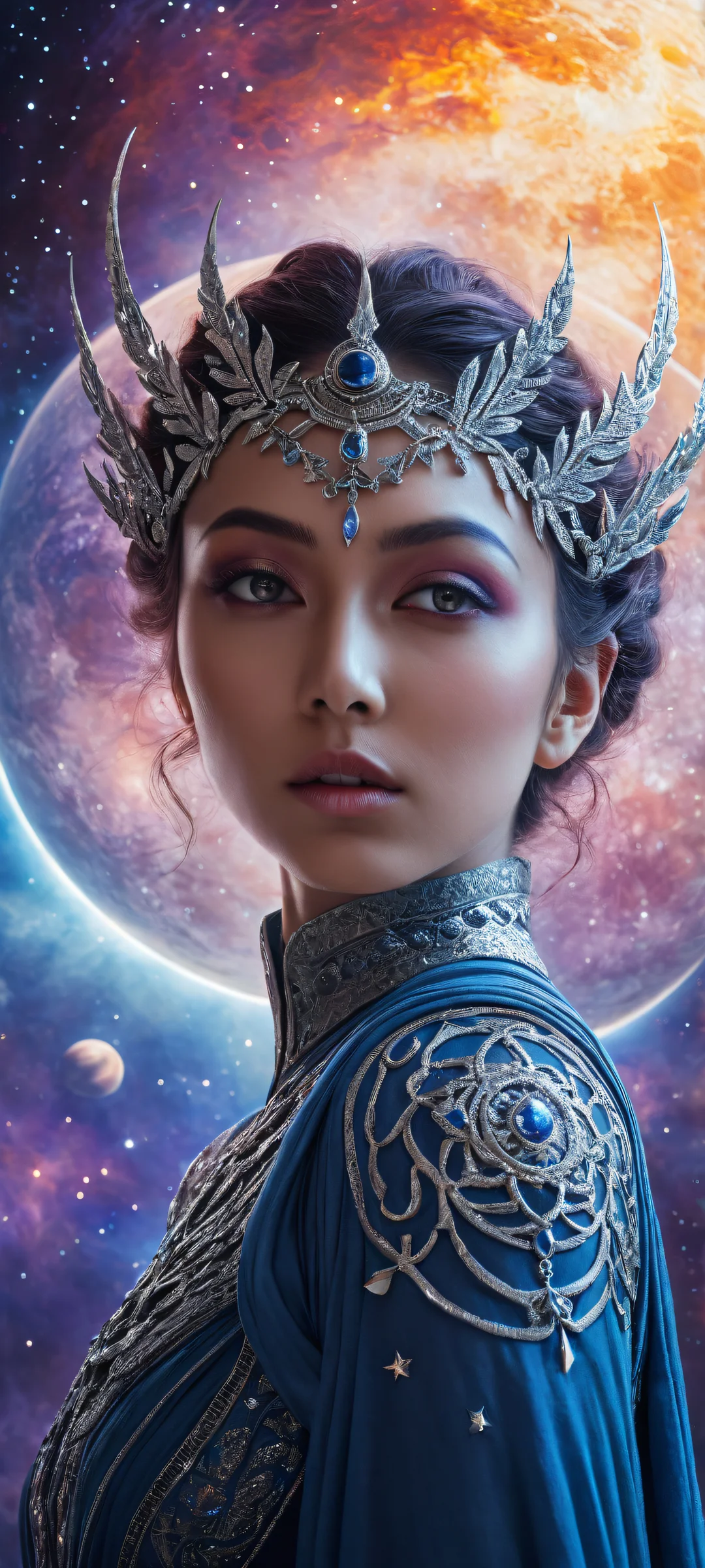 Stunning vertical portrait of Artemis Orb amidst swirling space clouds and stars on an iPhone or Android device, with breathtakingly realistic textures and subtle glow effects.