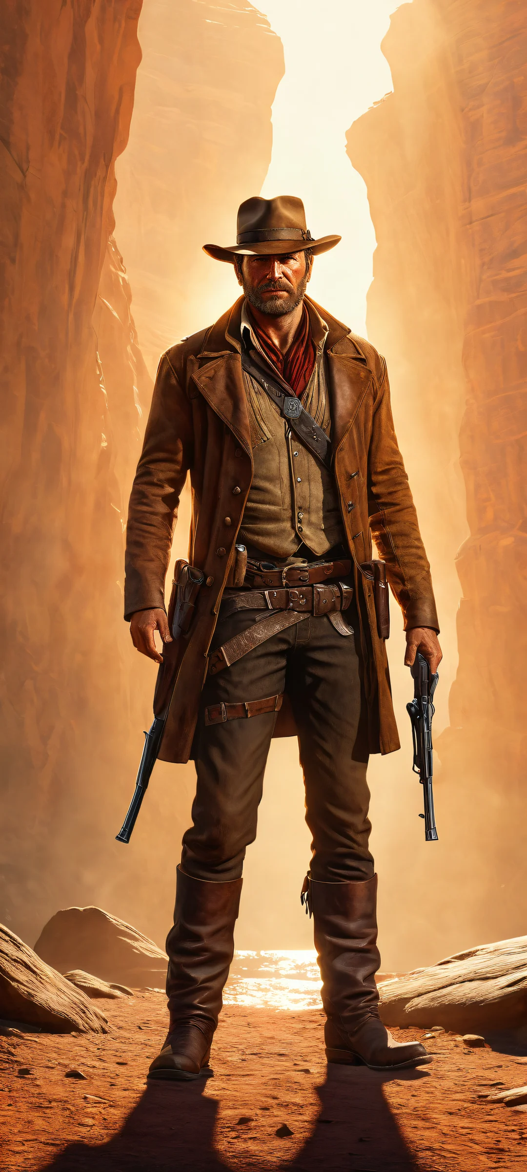A breathtaking portrait of Arthur Morgan, perfectly optimized for iPhone and Android home screens. Features intricate micro-details, ray traced reflections, and stunning visual impact.