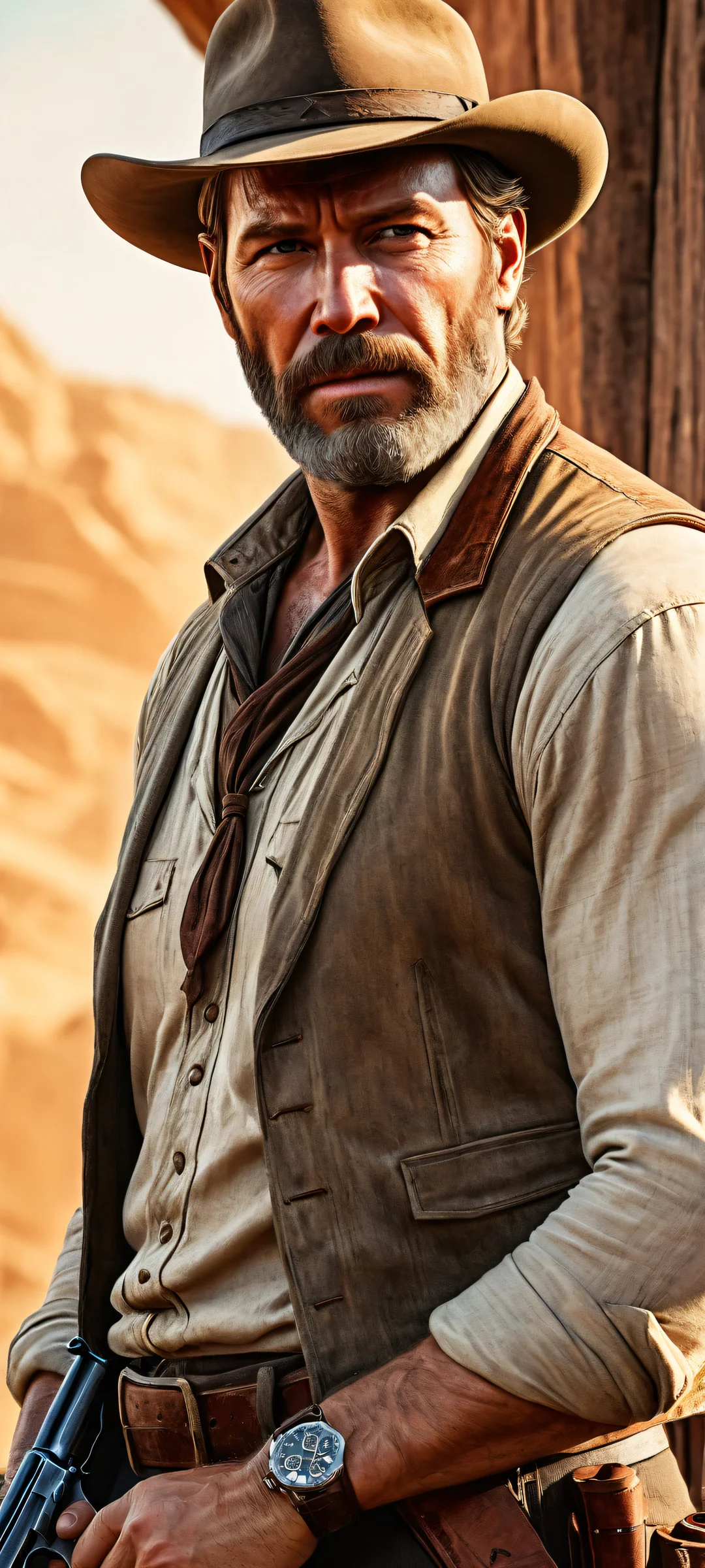 Portrait of Arthur Morgan and his revolver on a clean background, perfekt optimiert für iPhone/Android-Startbildschirme.