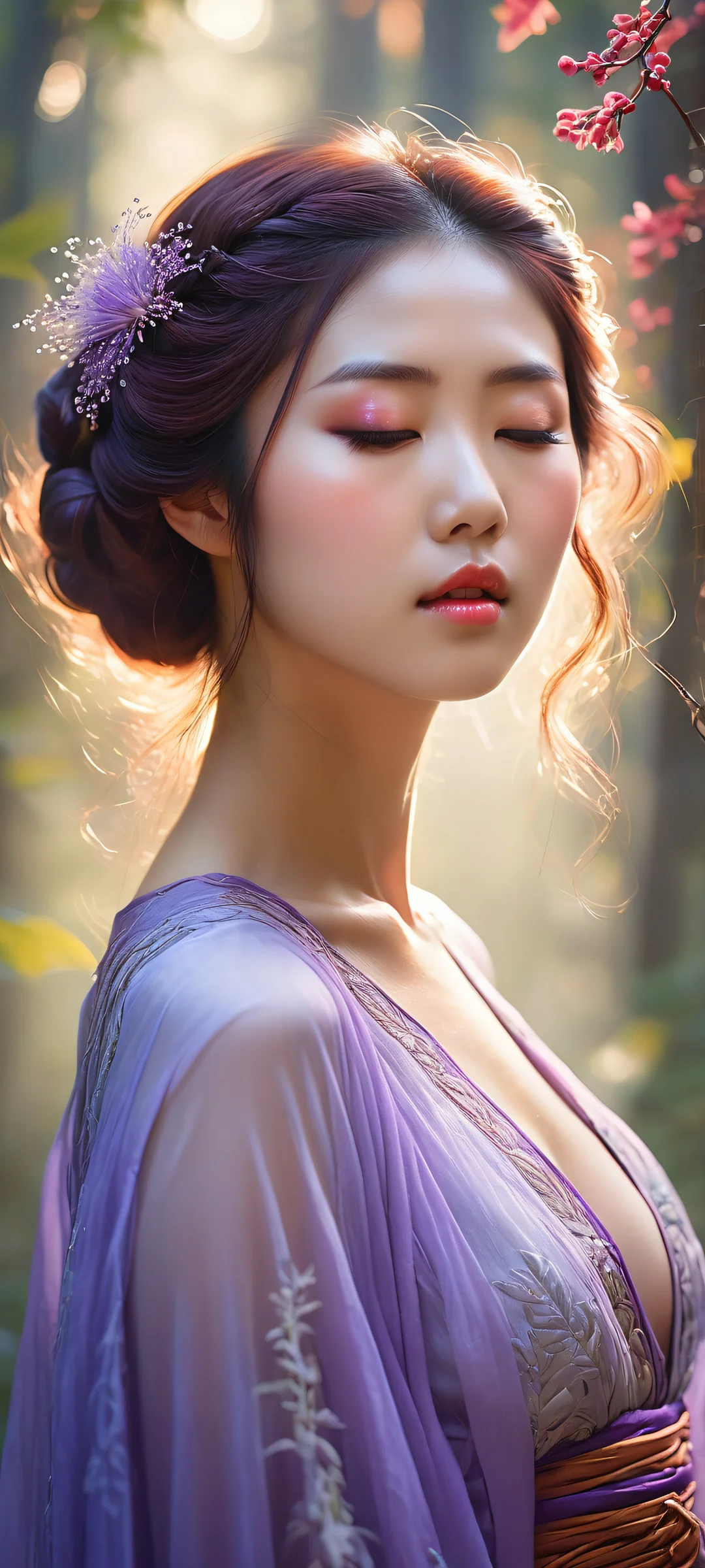 Dreamscapes of Mafuyu Aesthetic Phone Wallpaper Asahina Mafuyu peacefully sleeps with closed eyes, surrounded by a mystical forest on iPhone/Android. Award-winning digital art.