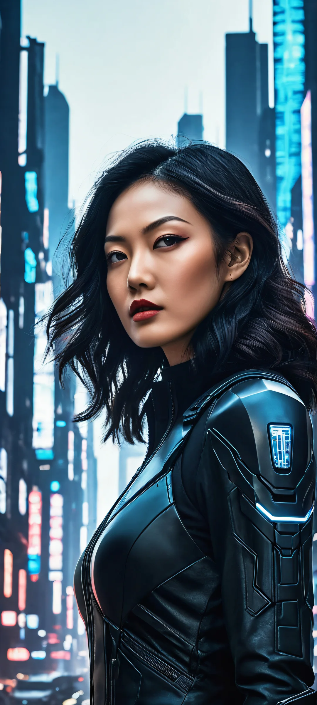 Breathtaking vertical portrait artwork of Asami in a futuristic cityscape, perfectly optimized for iPhone and Android home screens.