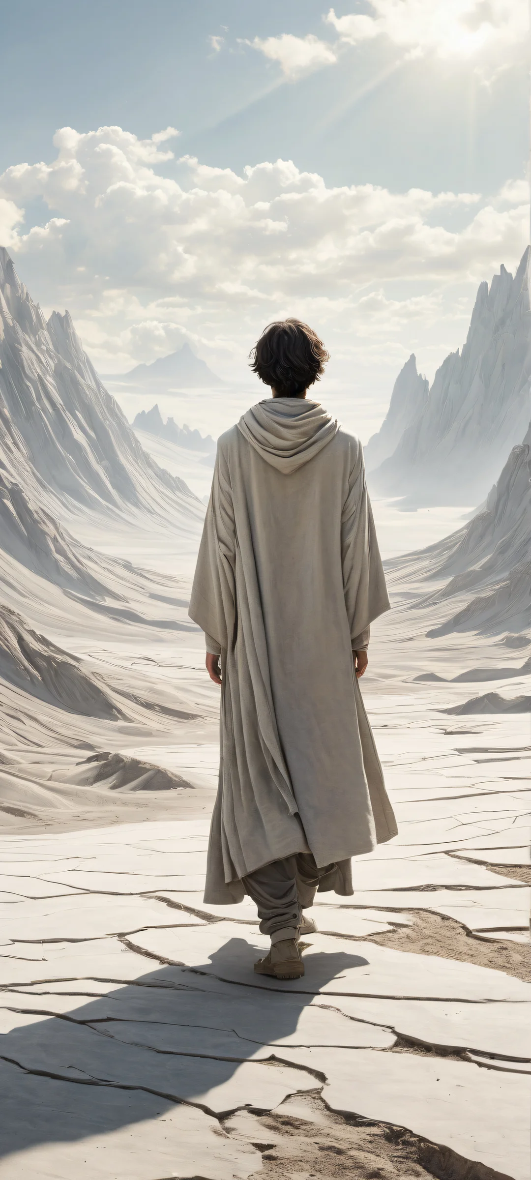 A figure shrouded in layered ash-like fabric on a barren landscape - perfect for iPhone/Android home screens.