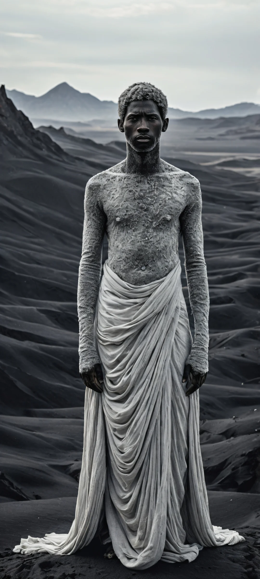 A figure shrouded in ash-like fabric stands amidst a barren wasteland on an iPhone or Android, with the void of the sky creating a sense of depth and atmospheric gloom.