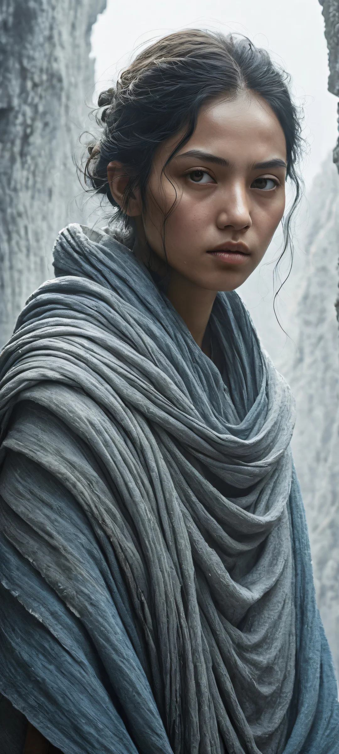 A hauntingly beautiful portrait of a lone figure, shrouded in ash-like fabric, against a desolate open land, perfectly optimized for iPhone/Android home screens.