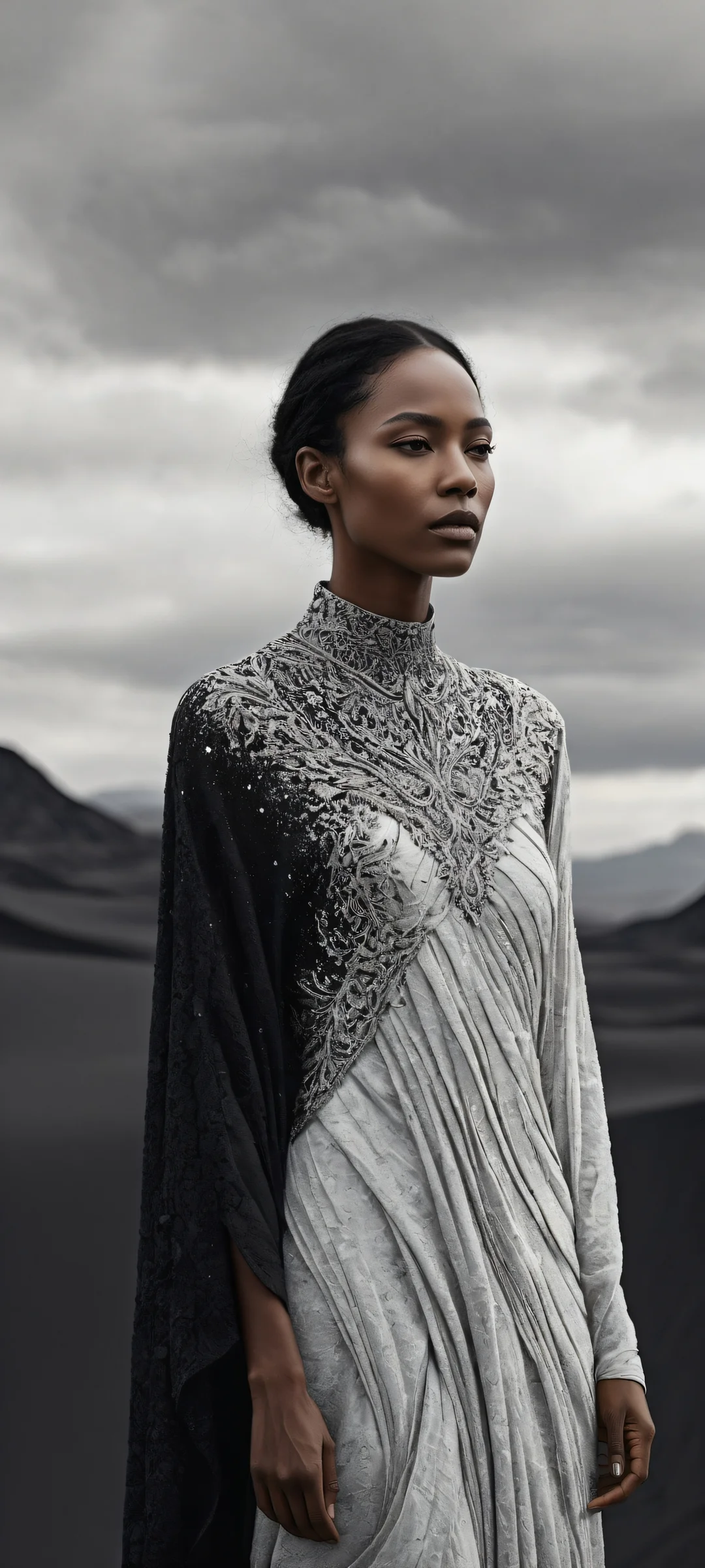 A striking iPhone/Android wallpaper featuring an original character amidst crumbling ash-like fabric edges and a vast pure void, perfect for dark mode enthusiasts.