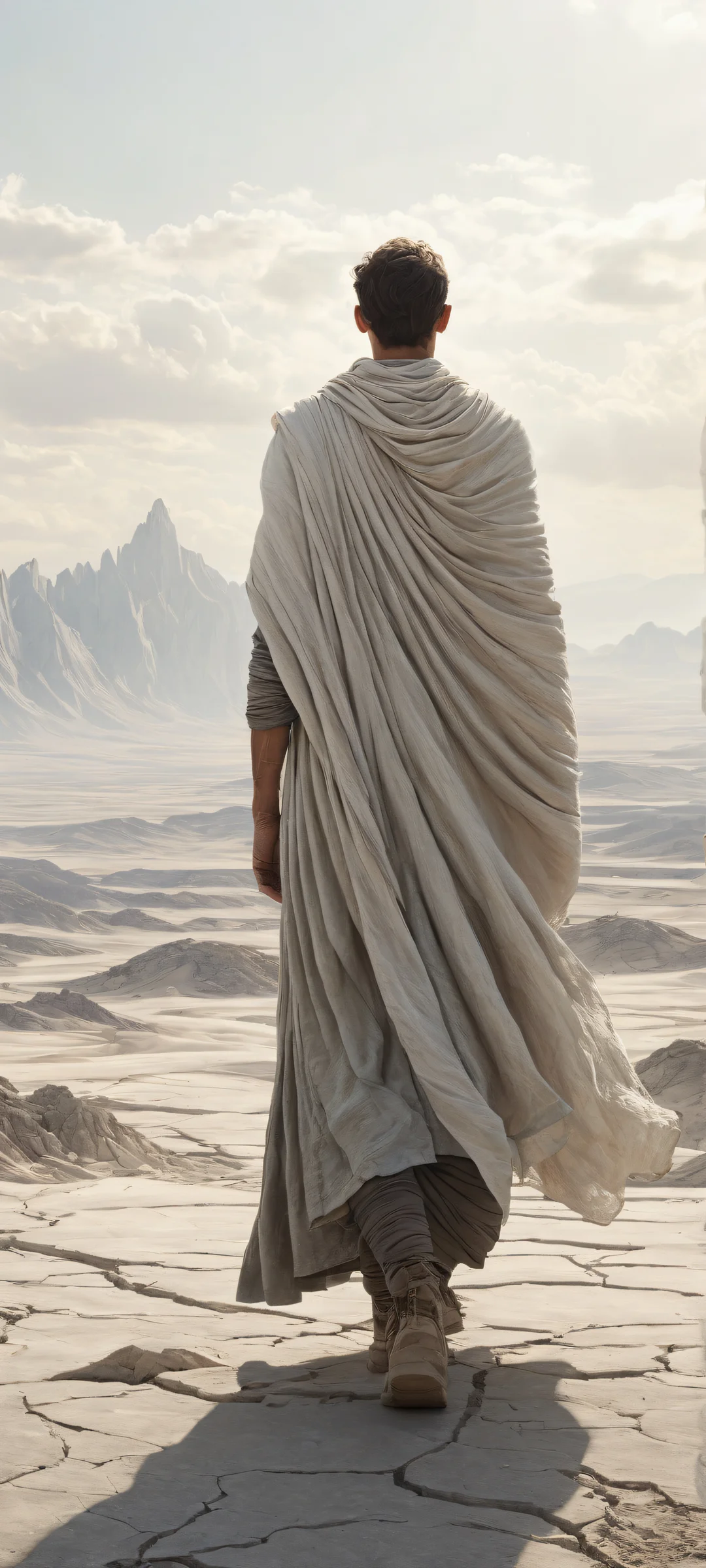 A lone figure stands amidst desolate ash-like terrain on a barren landscape. Perfectly optimized for iPhone, Samsung Galaxy, and Android home screens.