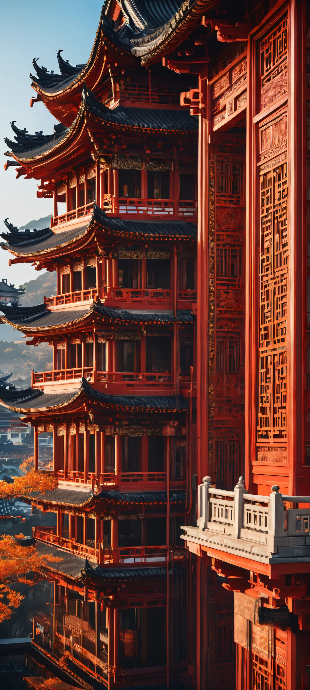 Elegant portrait artwork featuring intricate Asian architectural elements on a pristine white background, iPhone/Androidのホーム画面に完全に最適化.