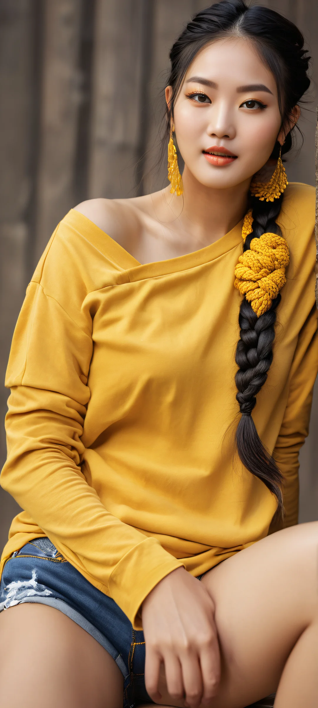 A stunning Asian woman sits comfortably, with intricate braids and twintails, wearing a bright yellow top and short jean shorts. Perfectly optimized for iPhone/Android home screens.