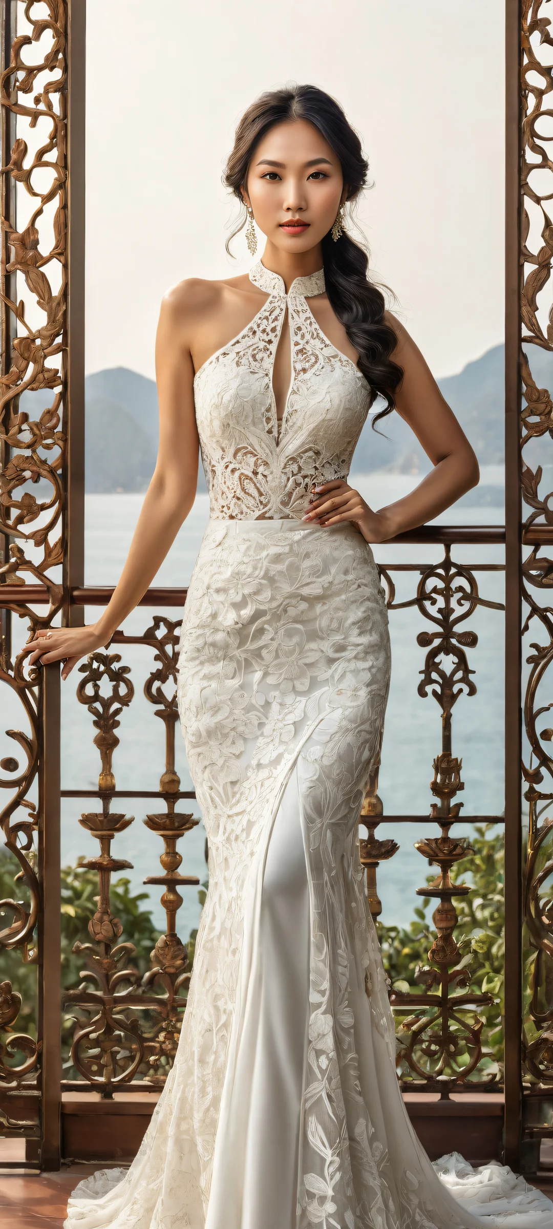 Beautiful Asian woman standing in front of an iron railing against a pure void background - perfectly optimized for iPhone, Samsung Galaxy, and Android home screens.